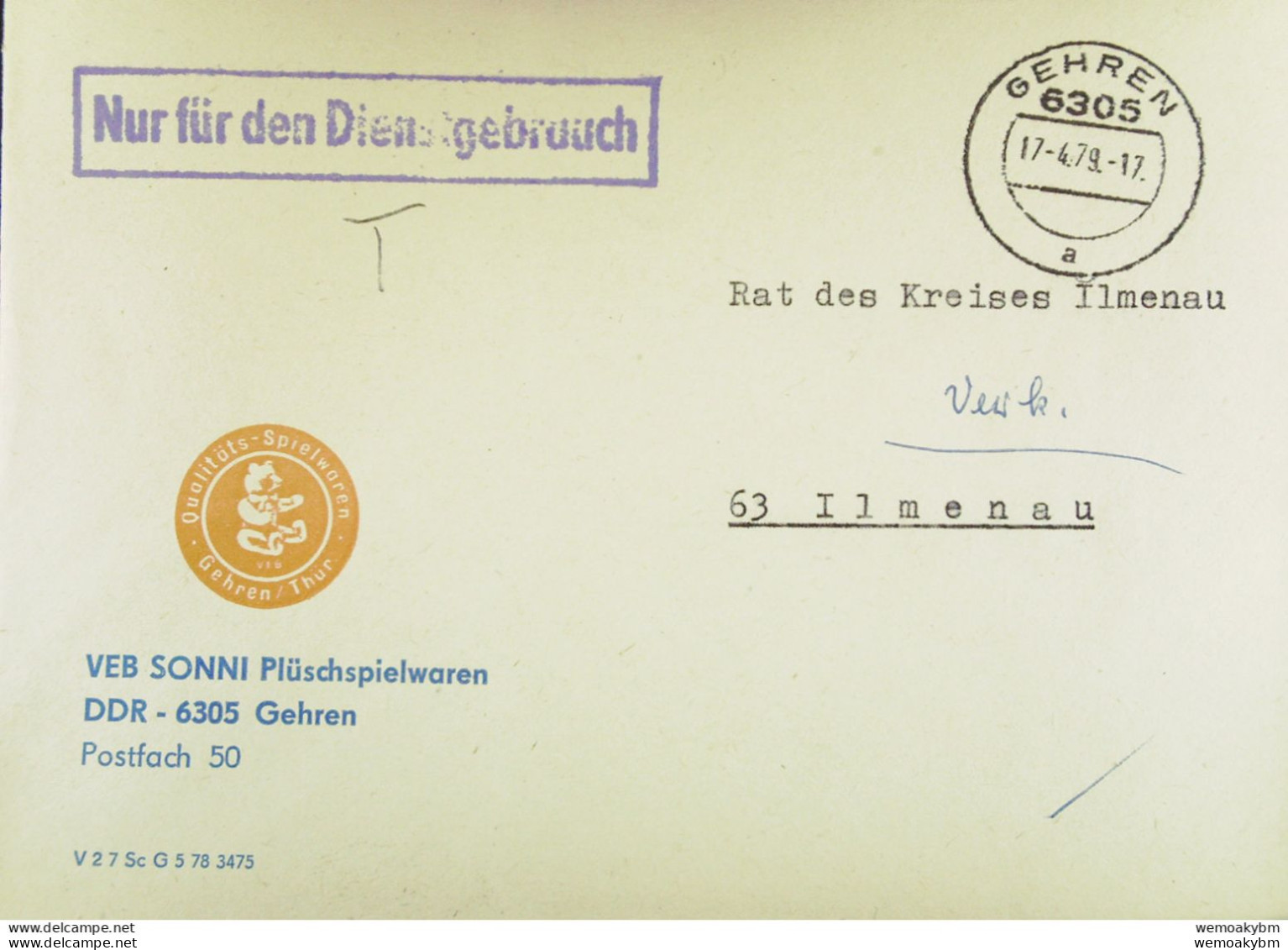 DDR: NfD-Brief Aus GEHREN Vom 17.4.79 Abs: VEB SONNI Plüschspielwaren DDR-6305 Gehren Mit LOGO - Lettres & Documents