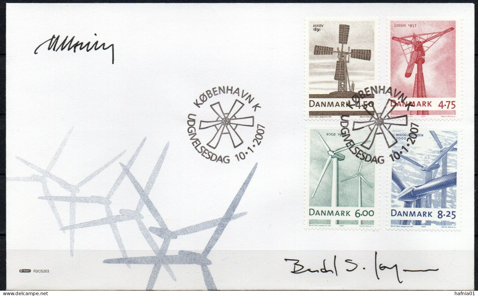 Martin Mörck. Denmark 2007.  Wind Turbines. Michel 1454 - 1457 FDC. Signed. - FDC