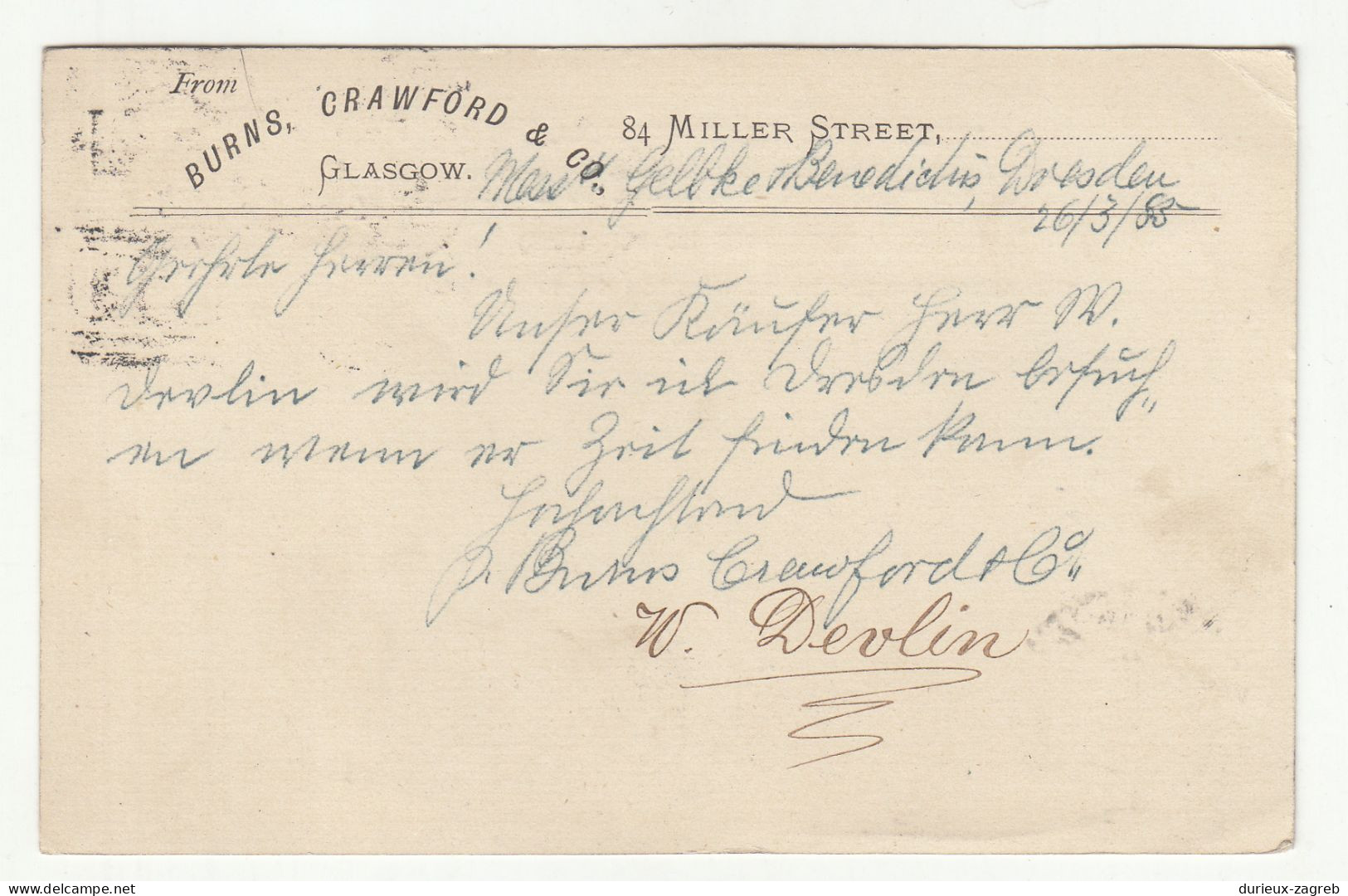 Great Britain Old Burns. Crawford & Co., Glasgow QV Postal Stationery Postcard Posted 1885 To Dresden B240401 - Entiers Postaux