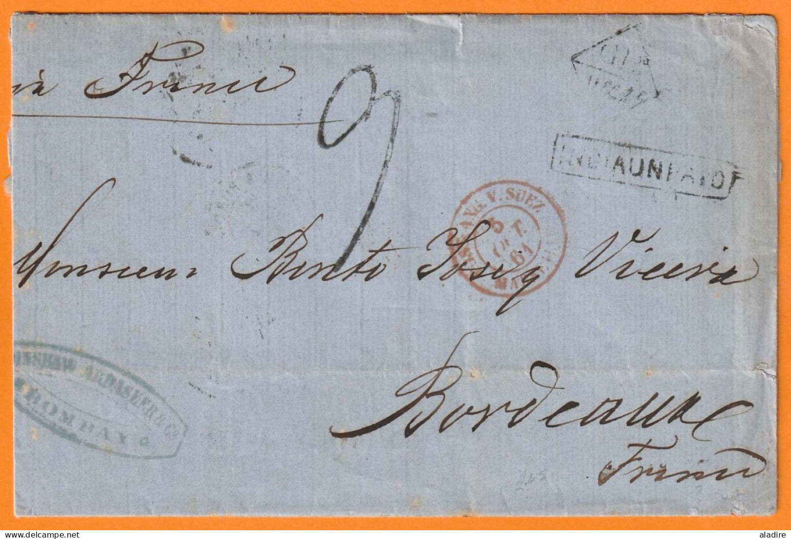1861 - QV - Lettre Pliée En Français De BOMBAY, Inde Britannique Vers BORDEAUX, France - Via SUEZ & Cette à Bordeaux - 1858-79 Crown Colony
