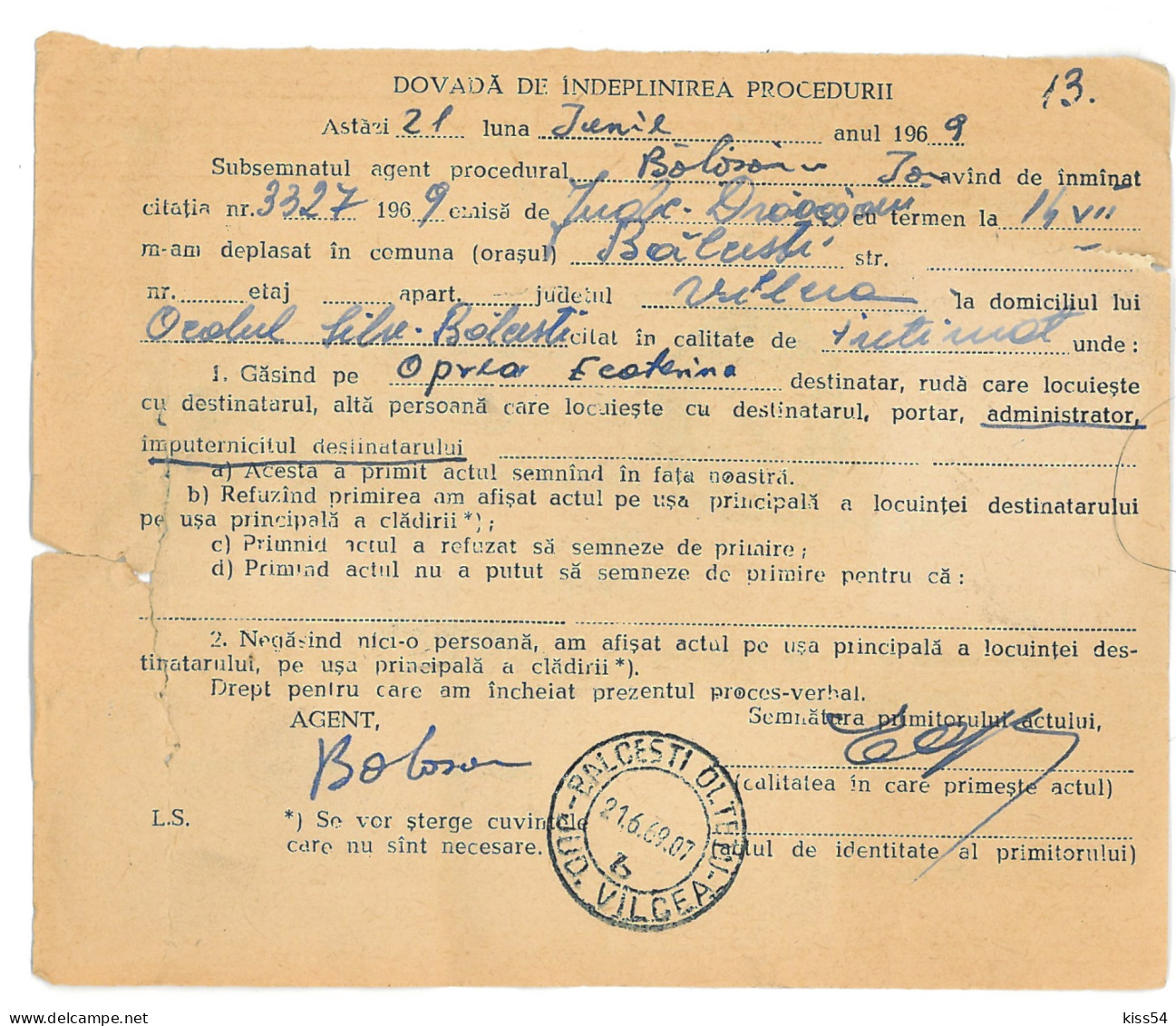 CIP 23 - 25-a BALCESTI-OLTETU, Valcea, Acte De Procedura - Cover Receipt - Used - 1969 - Cartas & Documentos