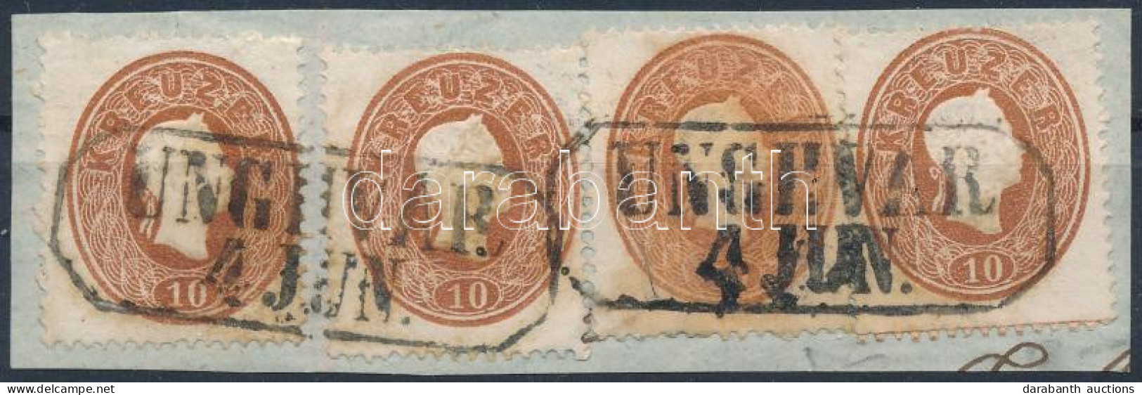 1861 4 X 10kr Kivágáson. A 3. Bélyeg Más ívből Származik, A Jobb Oldali Bélyegen Szegélyléc Lenyomat. Magas, 40kr Tarifa - Sonstige & Ohne Zuordnung