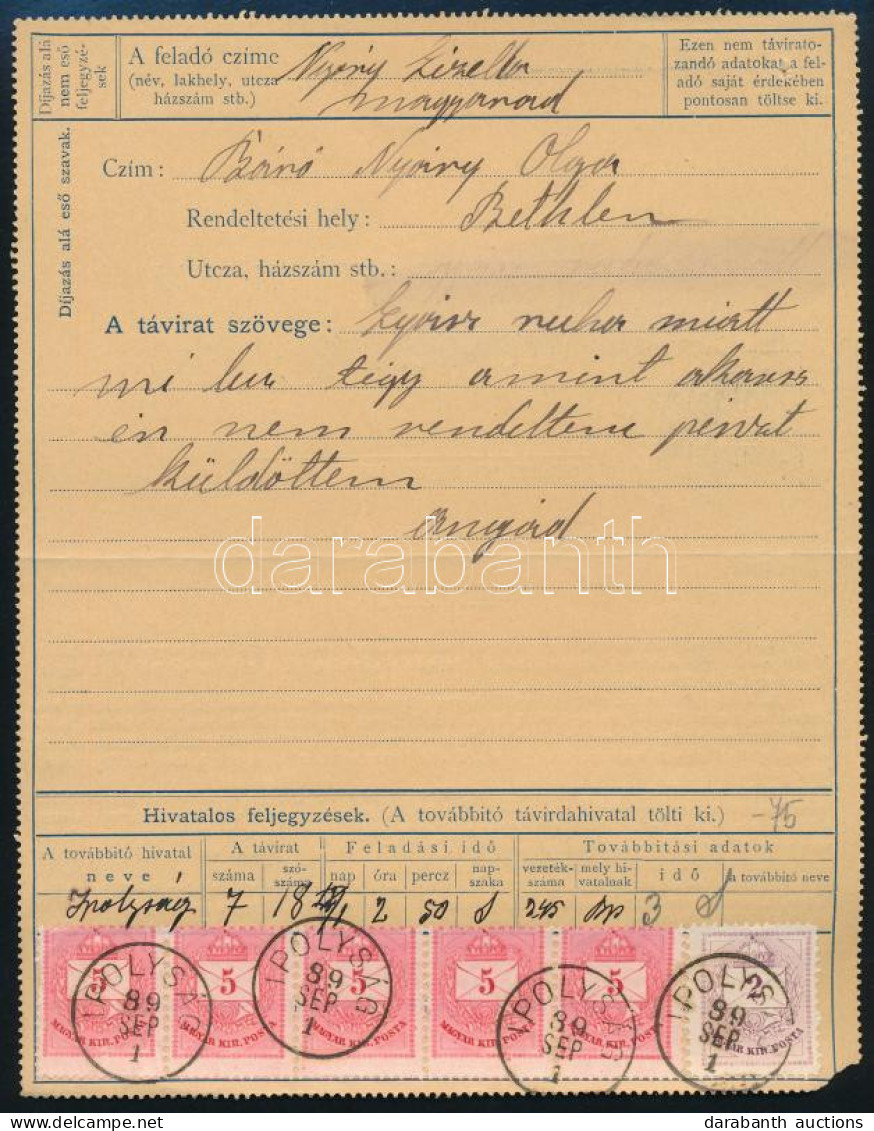 1889 35kr Díjjegyes Távirat 5kr ötöscsík Elfogazva + 2kr Bélyegekkel / 35kr PS-telegram With 5kr Shifted Stripe Of 5 + 2 - Other & Unclassified