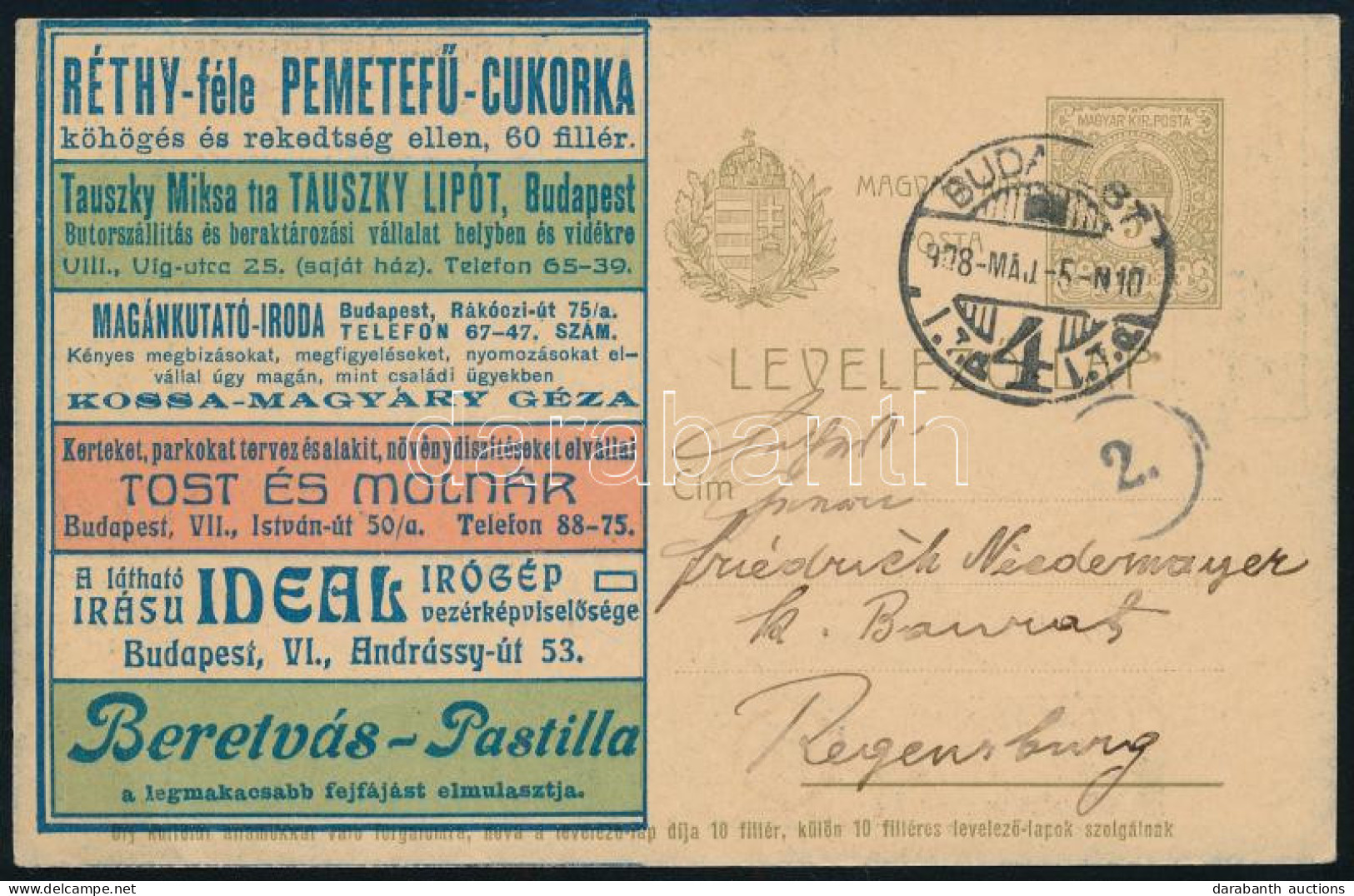 1908 Hirdetéses Levelezőlap Budapestről Regensburgba, Rigler 6 (Hodobay 150.000) / Advertising PS-card To Regensburg - Sonstige & Ohne Zuordnung