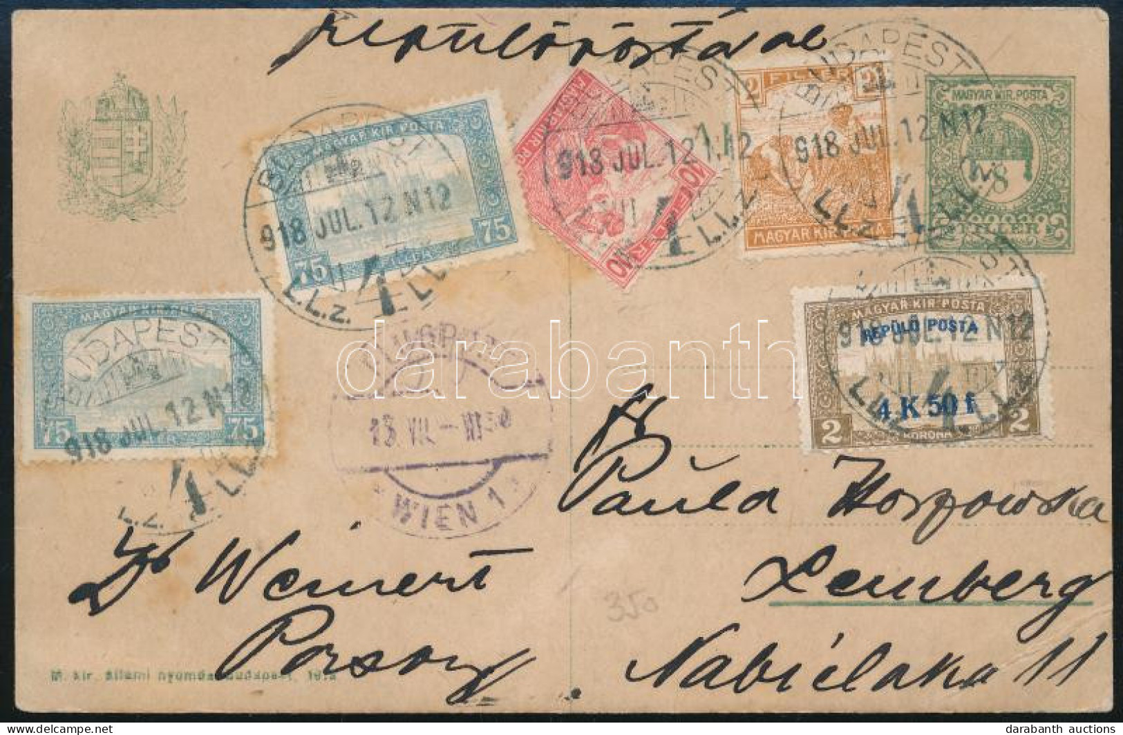 1918.07.12. Légi Díjkiegészített Díjjegyes Levelezőlap Repülőposta Bélyeggel / Airmail PS-card With Mi 211 And 4 Other S - Autres & Non Classés