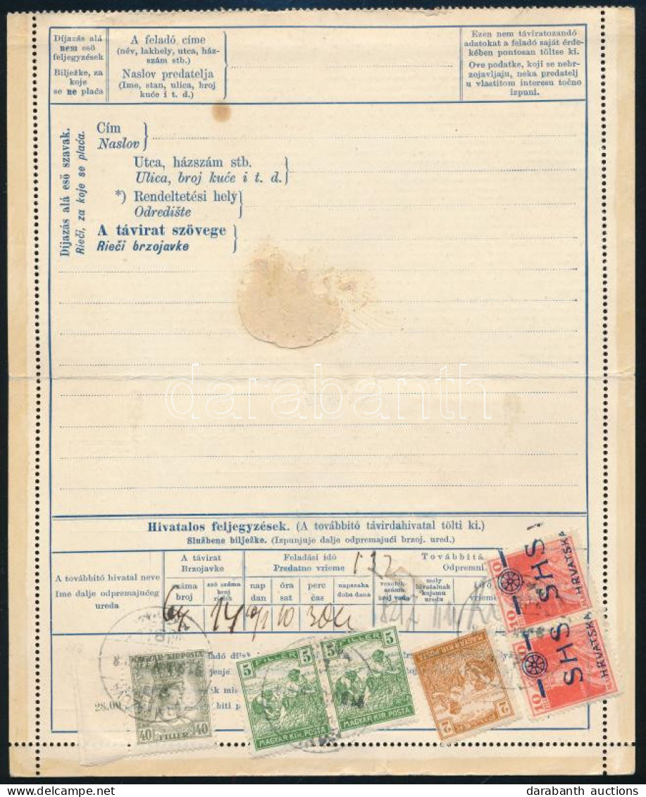 SHS 1919 62f Kétnyelvű Táviratlap 6 Db Bélyeggel, Ebből 2 Db SHS. Kiállítási Darab! / 62f Bilingual PS-telegram With Mix - Sonstige & Ohne Zuordnung