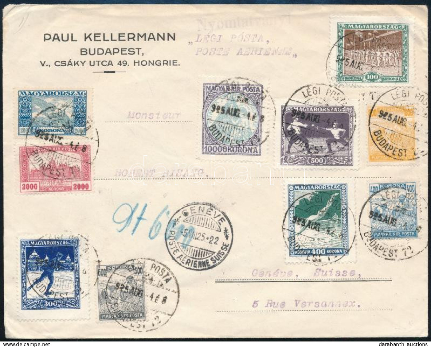 1925 Légi Nyomtatvány Svájcba Sport Bélyegekkel és Kiegészítéssel / Airmail Printed Matter To Switzerland - Sonstige & Ohne Zuordnung