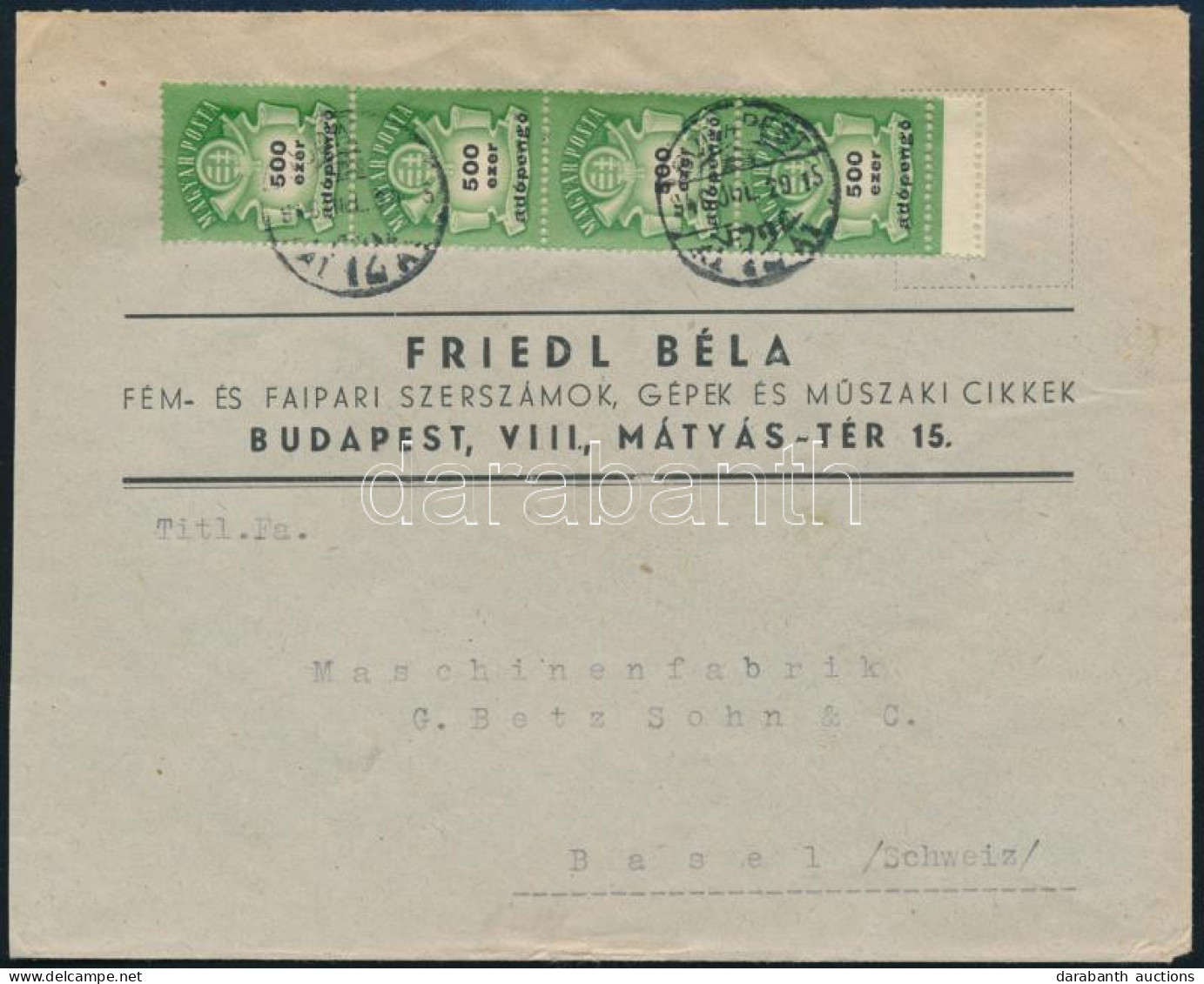 1946 (27. Díjszabás) Külföldi Levél 1.600.000AP Túlbérmentesítéssel Svájcba, 500 Ezer AP Kettős Fogazással / Cover With  - Other & Unclassified