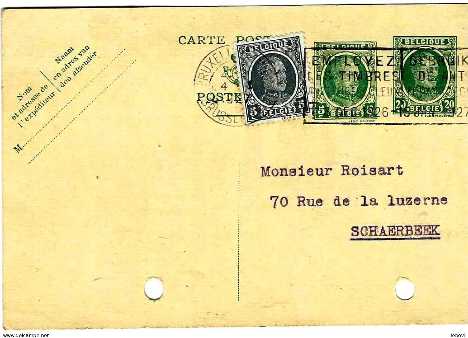 Carte Postale Pré Imprimée – Type Houyoux 20 + 5 Centimes (1926) + Timbre De 5 Centimes - Cartes Postales 1909-1934