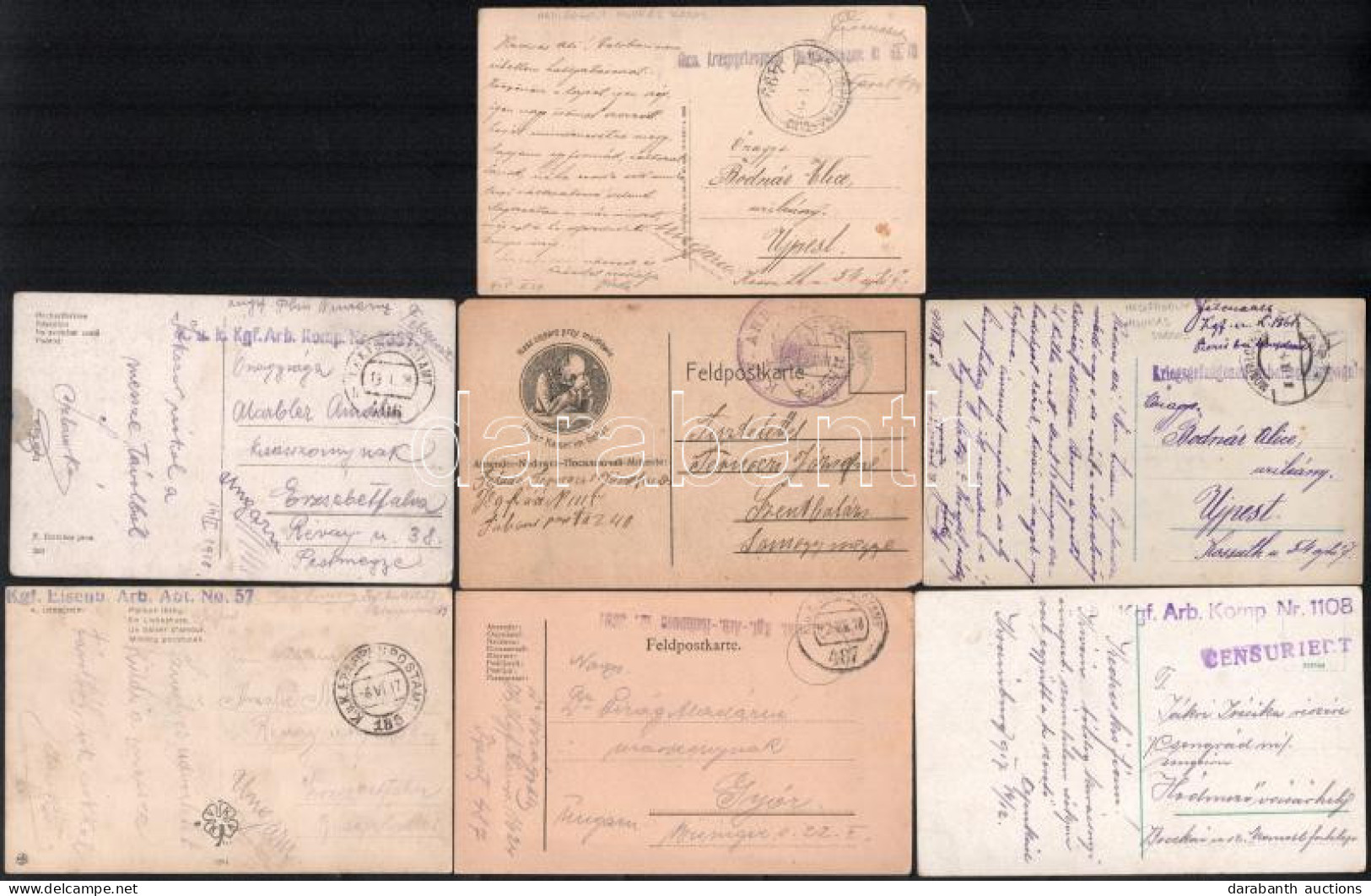 7 Db I. Világháborús Tábori Posta Küldemény, Klf Hadifogoly Munkásszázad Bélyegzésekkel / 7 World War I Field Postcard F - Autres & Non Classés