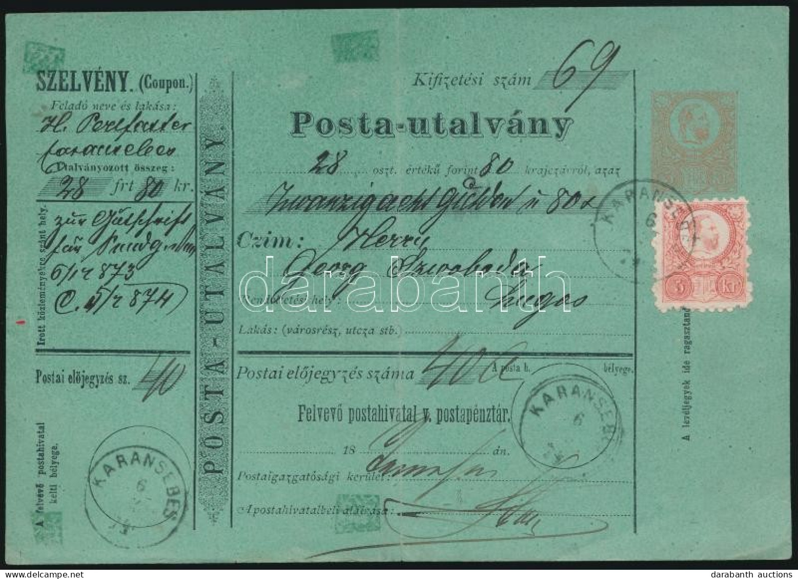 1874 5kr Postautalvány 5kr Díjkiegészítéssel / Complete Money Order With 5kr "KARÁNSEBES" - Lugos - Andere & Zonder Classificatie