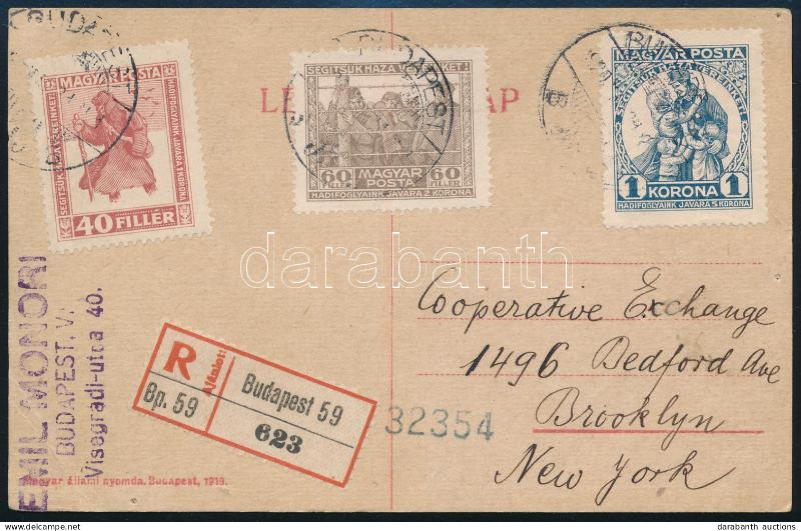 1920 Ajánlott Levelezőlap Hadisegély Sorral New Yorkba / Registered Postcard To New York - Altri & Non Classificati