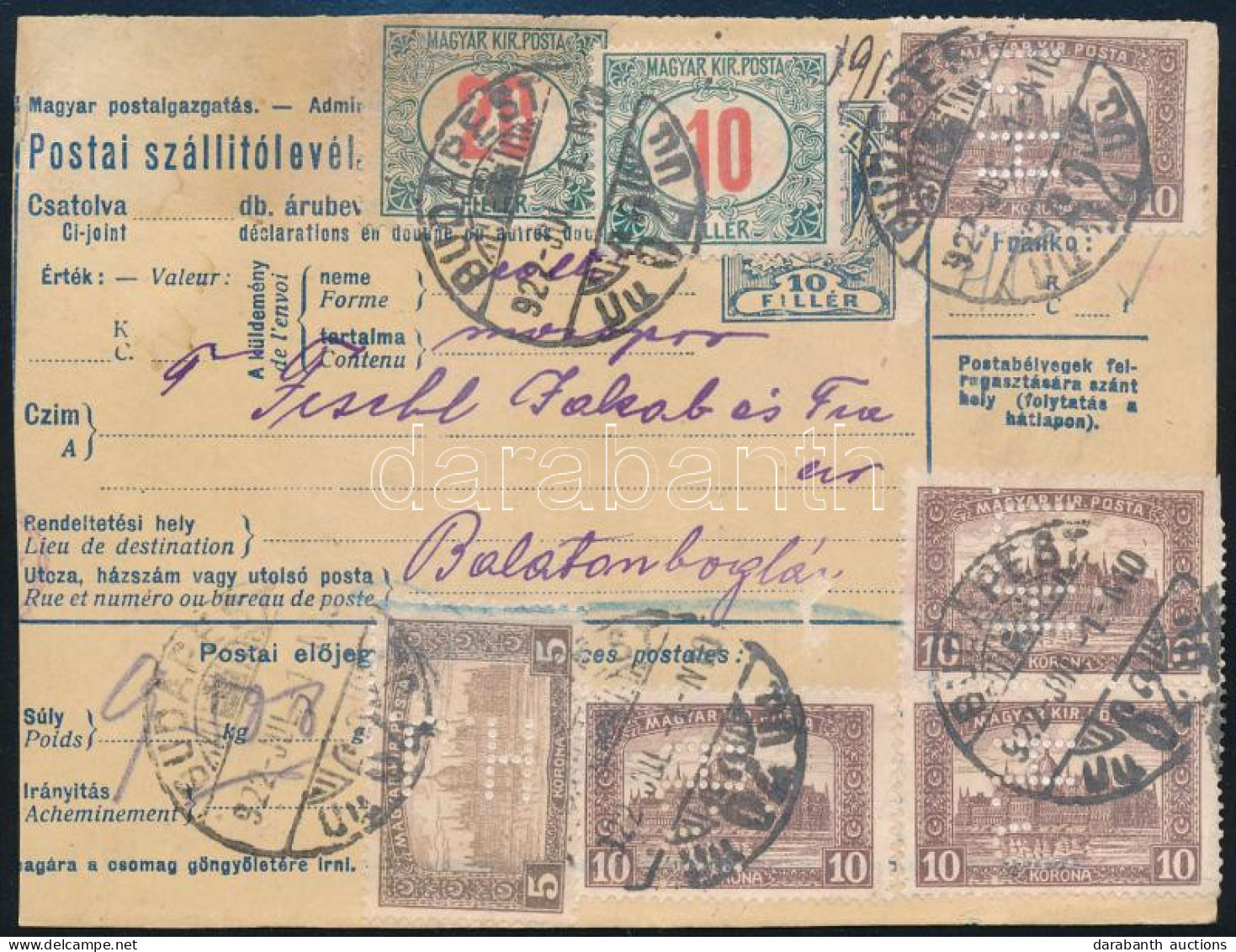 1922 Postai Szállítólevél 5 Db H.J. Perfin és 2 Db Portó Bélyeggel Budapestről Balatonboglárra / Parcel Card With 5 Perf - Altri & Non Classificati