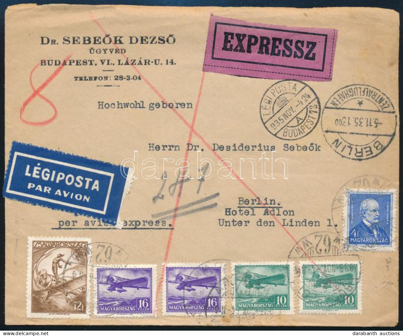 1935 Expressz Légiposta Levél 6 Db Bélyeggel Berlinbe Küldve / Airmail Express Cover With 6 Stamps To Berlin - Other & Unclassified