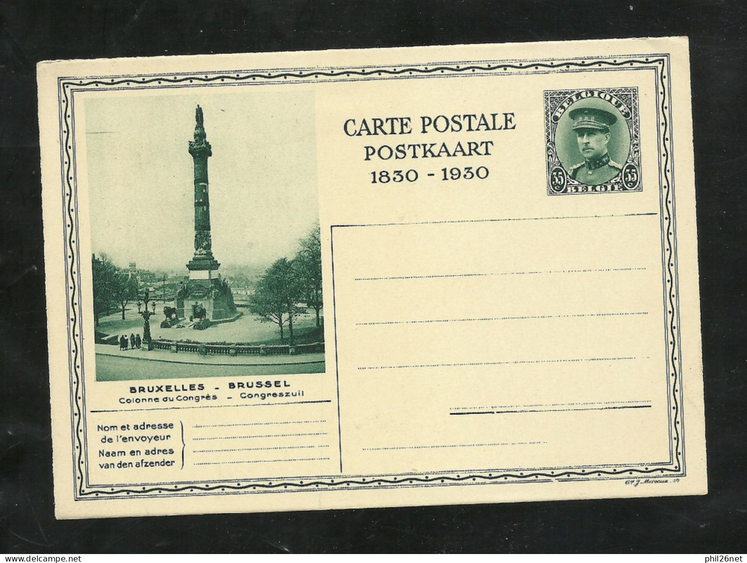 Belgique Entier Carte Postale Albert  1er Type Ff  35 Centimes Vert  Illustré Colonne Du Congrès Bruxelles Neuf   B/TB - Cartes Postales 1909-1934