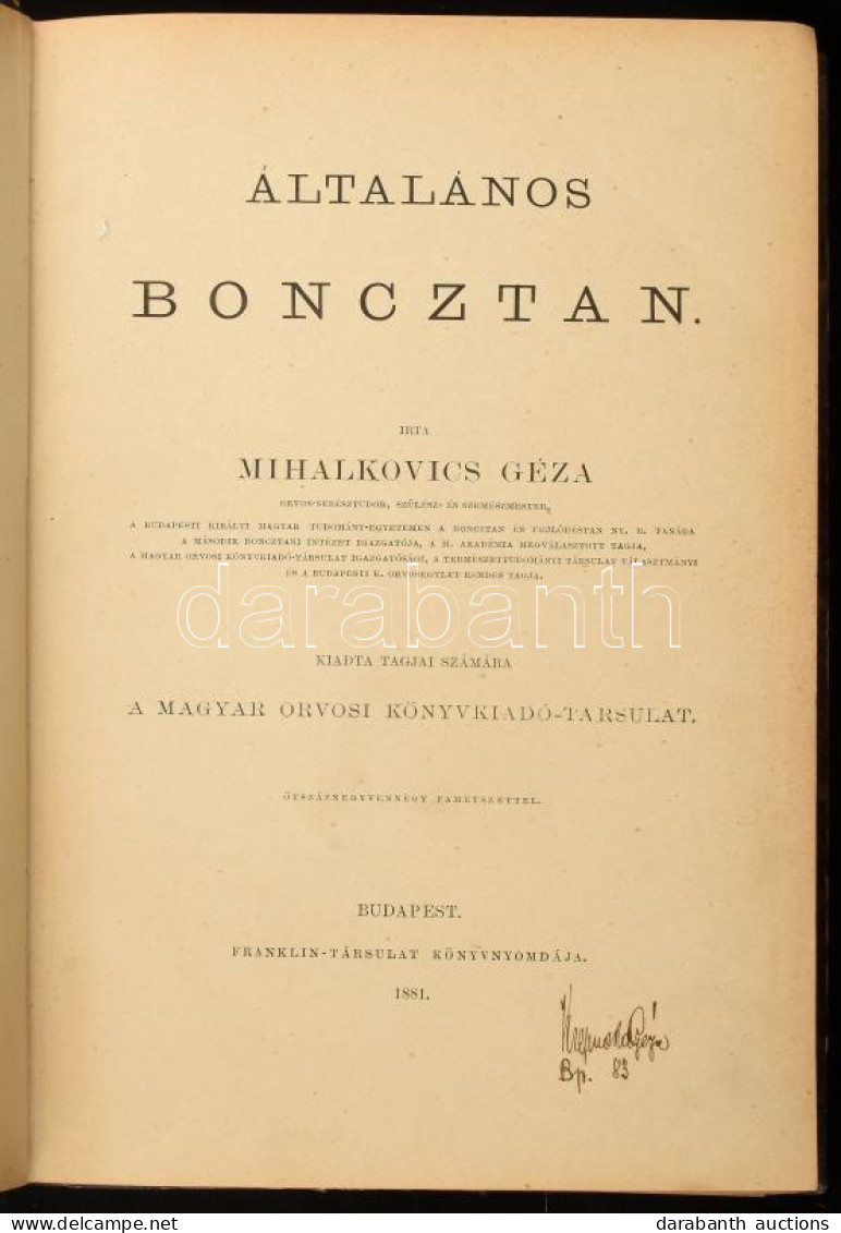 Mihalkovics Géza: Általános Boncztan. A Magyar Orvosi Könyvkiadó-Társulat Könyvtára XXXVIII. Köt. Bp., 1881., Magyar Orv - Non Classificati