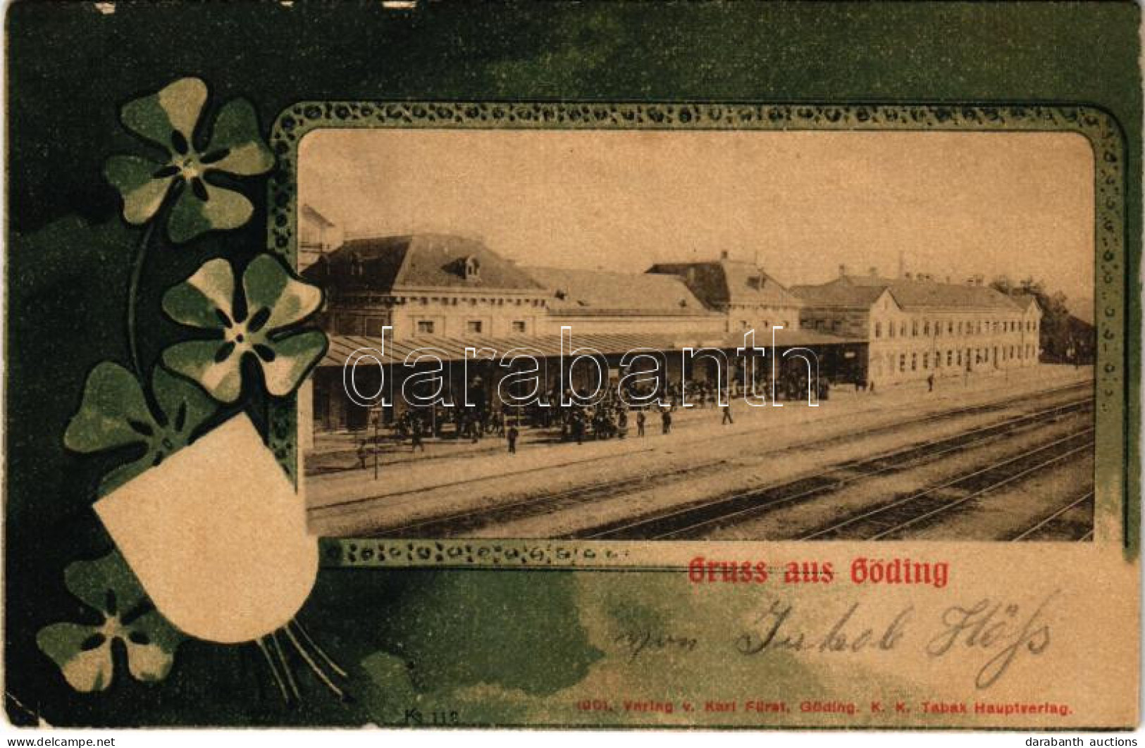 * T2/T3 1903 Hodonín, Göding; Bahnhof / Railway Station. Art Nouveau Litho Frame With Clovers (EK) - Ohne Zuordnung