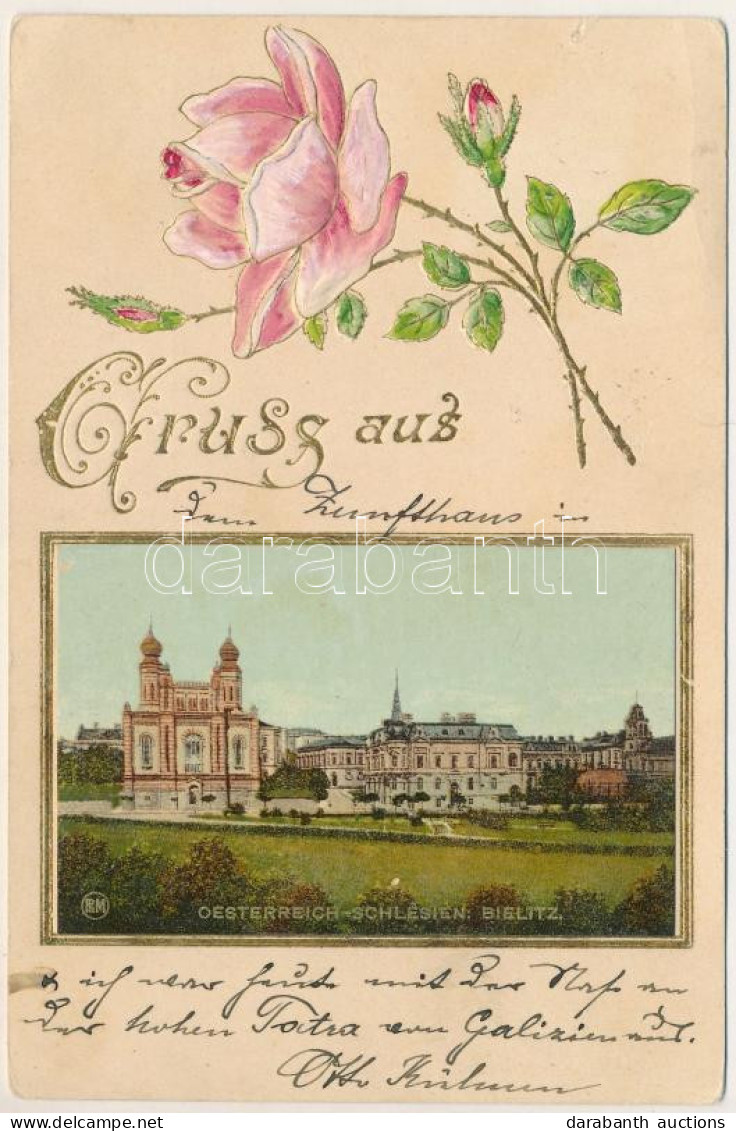 T2/T3 1902 Bielsko-Biala, Bielitz; Synagogue. Art Nouveau Embossed Floral Litho (small Tear) - Unclassified