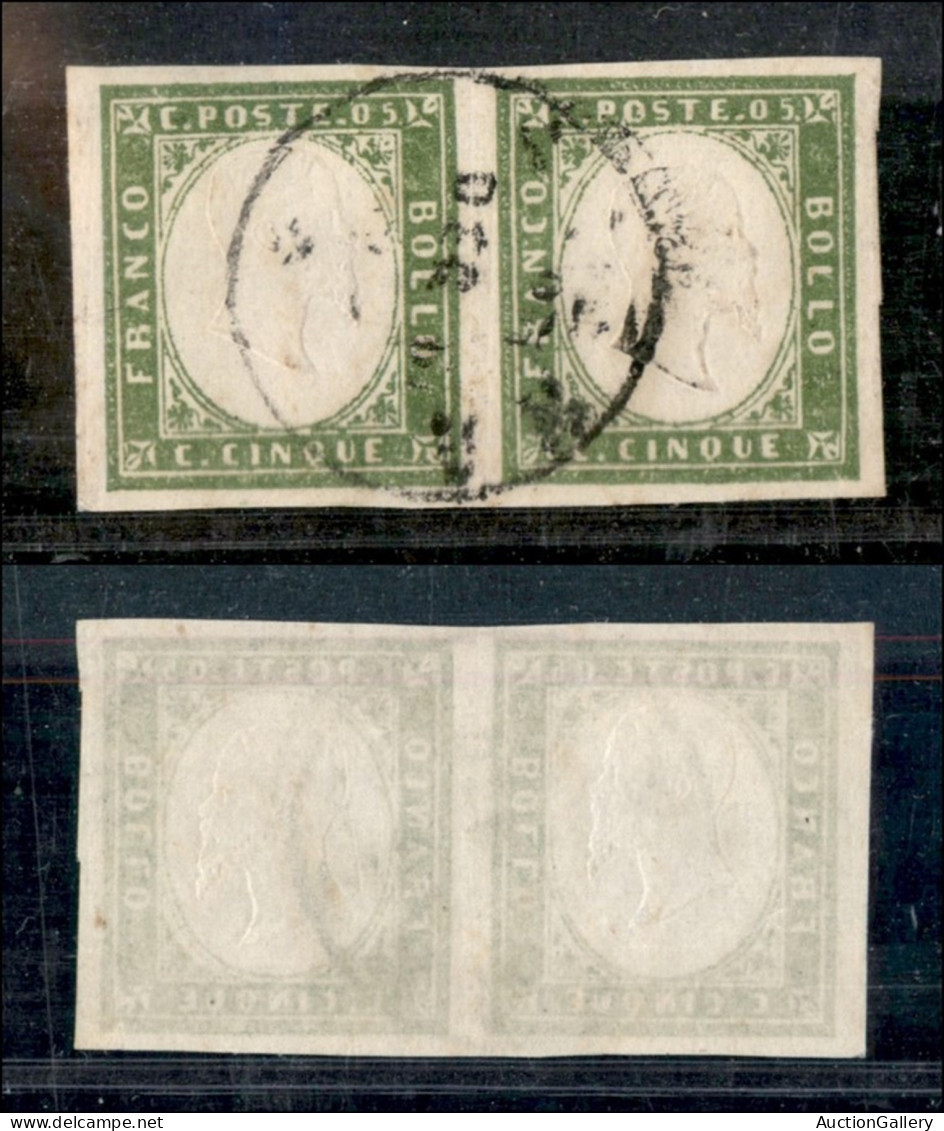 Antichi Stati Italiani - Sardegna - 1861 - 5 Cent (13Cc - Verde Oliva Giallastro) - Coppia Orizzontale Usata - Other & Unclassified