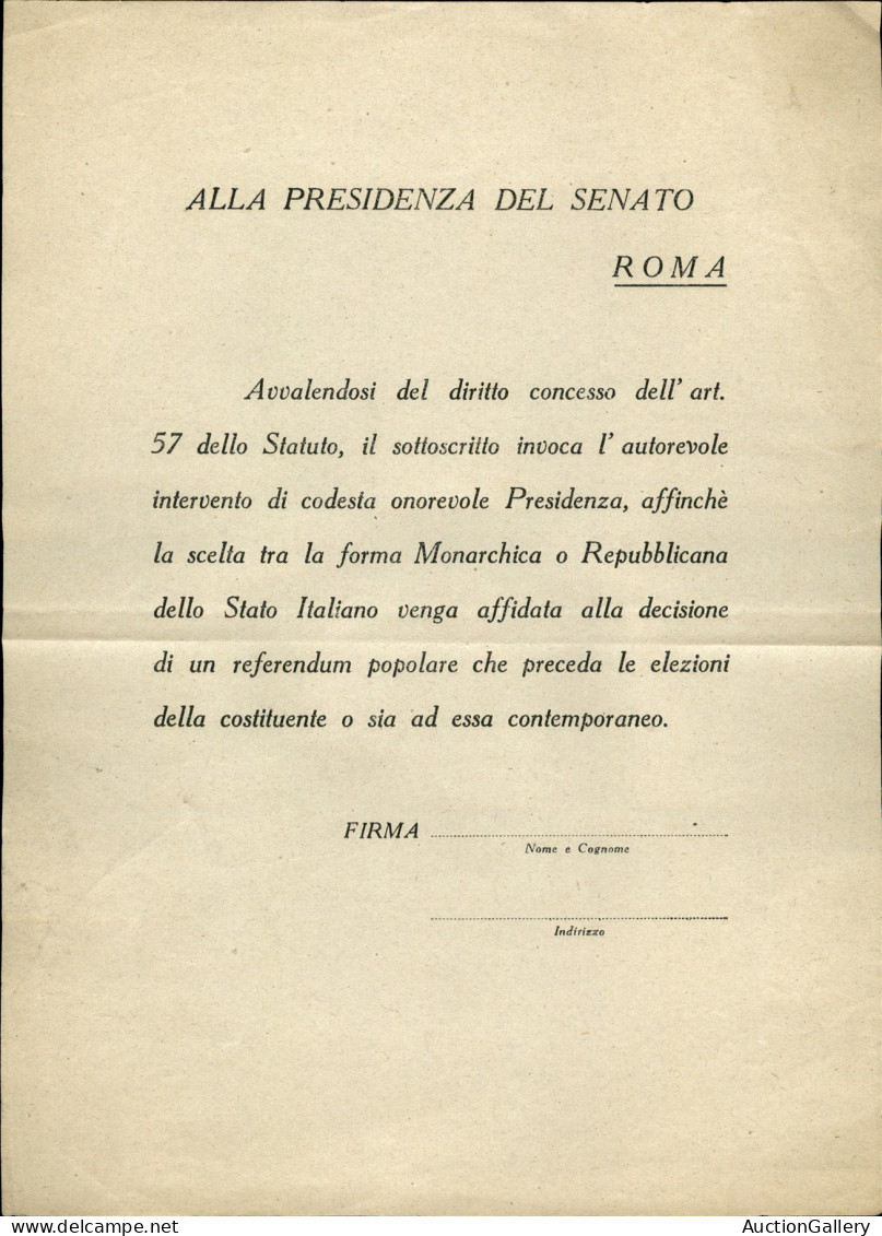 Regno - Volantini Lanciati Da Aereo - 1946 - Alla Presidenza Del Senato - Roma - Richiesta Di Referendum - Volantino Su  - Otros & Sin Clasificación