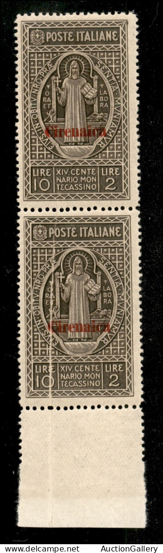 Colonie - Cirenaica - 1929 - 10 Lire Montecassino (59 - Varietà) - Coppia Verticale Bordo Foglio Con Piega Naturale Di C - Autres & Non Classés