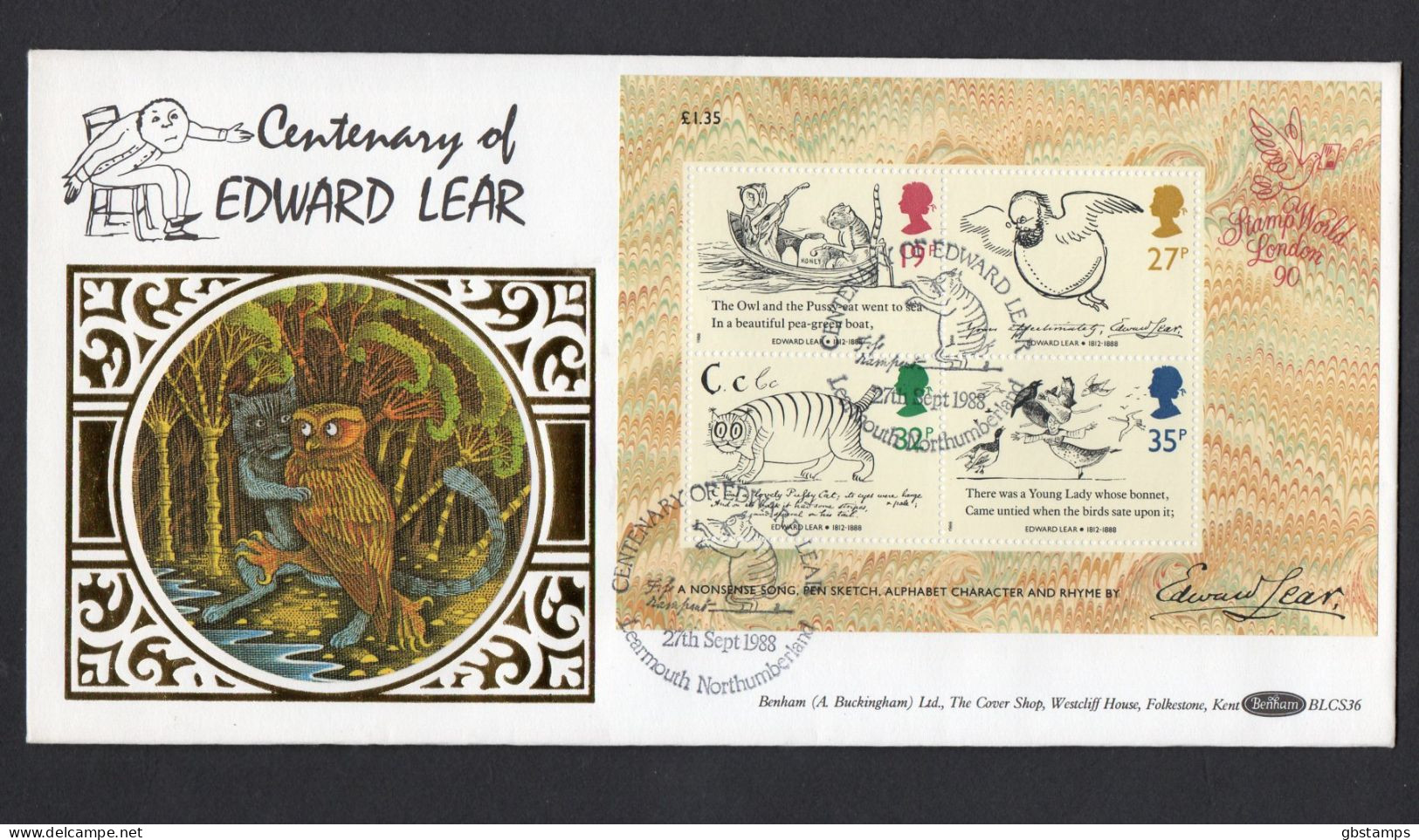 1988 Edward Lear Mini Sheet Benham Silk First Day Cover Post Free(UK) - 1981-1990 Em. Décimales