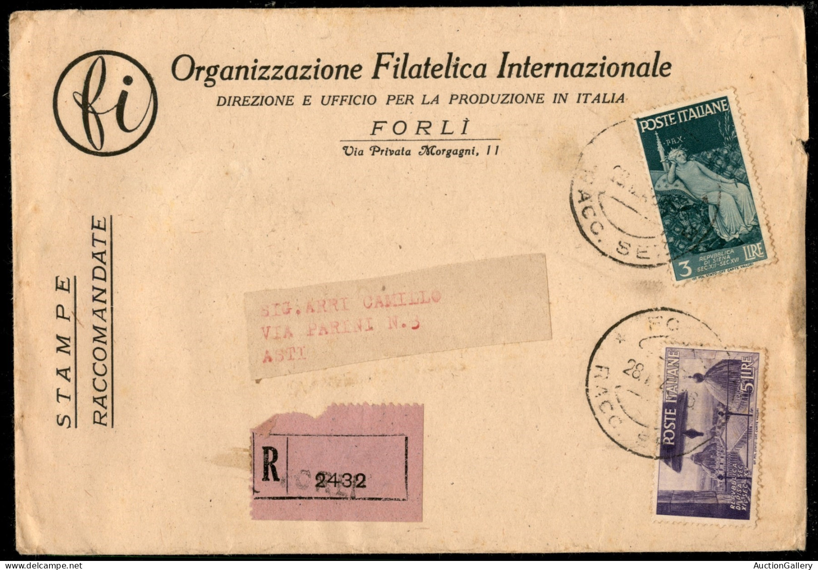 Repubblica - Stampe Raccomandate Da Forlì Per Asti Del 28.1.47 Con 3 Lire + 5 Lire Repubbliche Marinare (568 + 570) - No - Autres & Non Classés