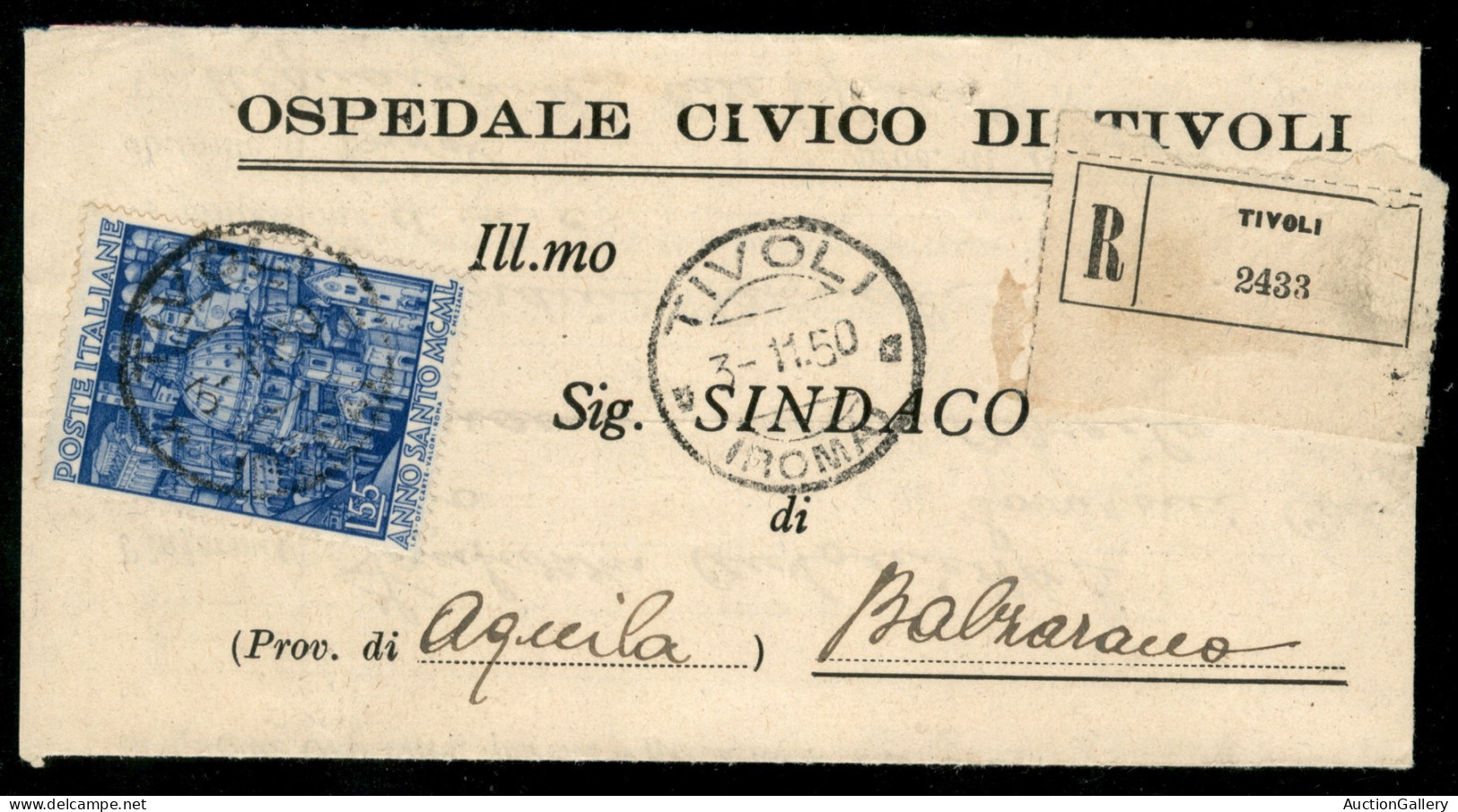 Repubblica - Plico Raccomandato Con Anno Santo 55 Lire (621) Isolato Da Tivoli 3.11.50 Per Balzarano - Other & Unclassified