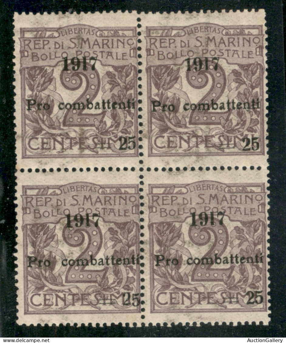 SAN MARINO - 1917 - 25 Cent Su 2 Cent Pro Combattenti (51 + Varietà) - Quartina - Pezzo Inferiore Sinistro Con 5 Di 25 D - Sonstige & Ohne Zuordnung