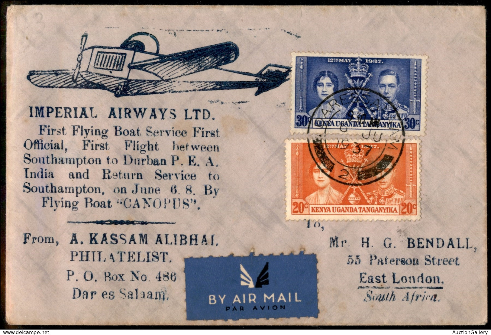 EUROPA - GRAN BRETAGNA - 1937 (6 Giugno) - Imperial Airways - Boat Service Southampton Durban - Sonstige & Ohne Zuordnung