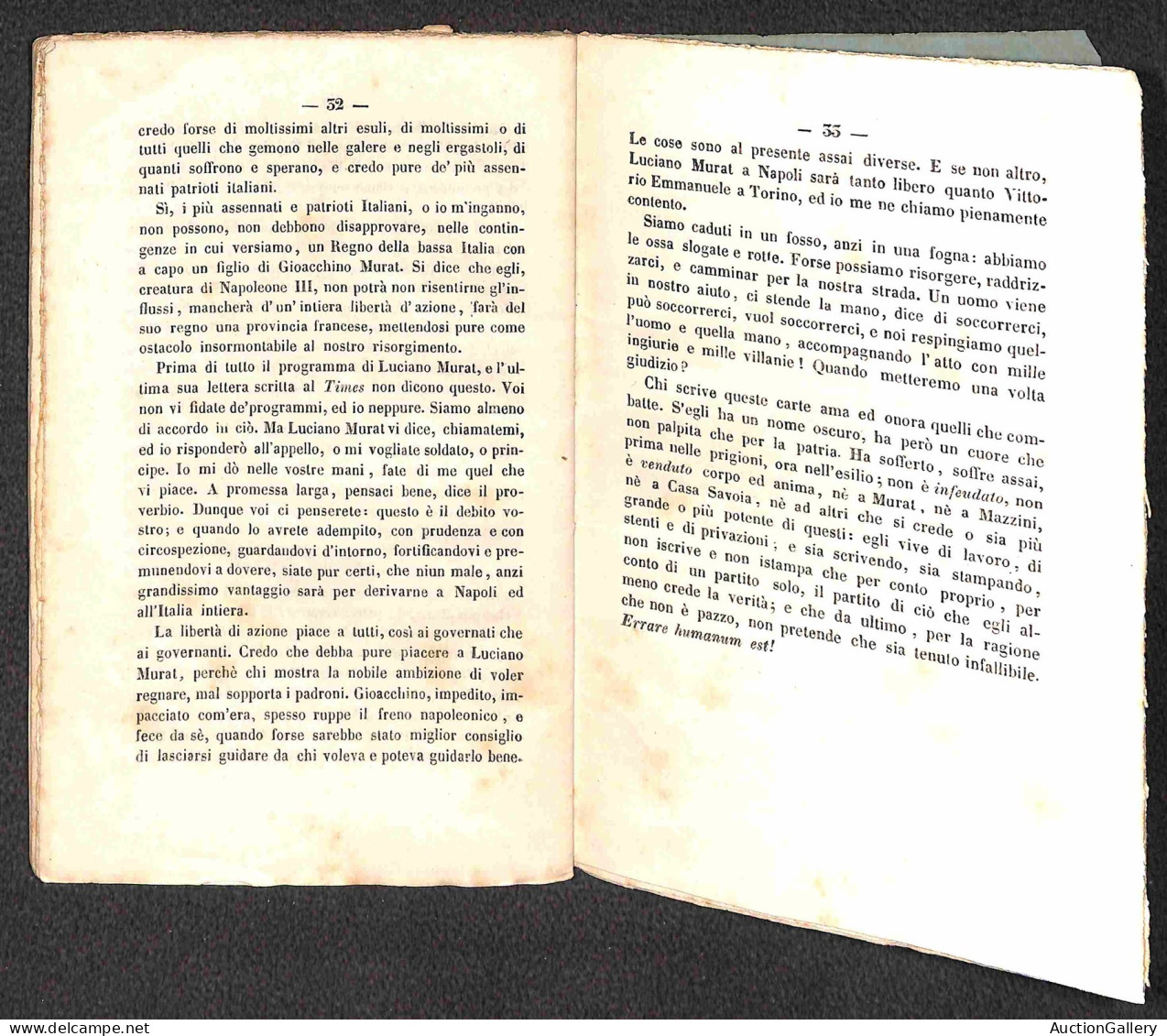 DOCUMENTI/VARIE - 1855 - La Quistione Napoletana/Ferdinando Borbone e Luciano Murat - opuscolo di 44 pagine rilegato con