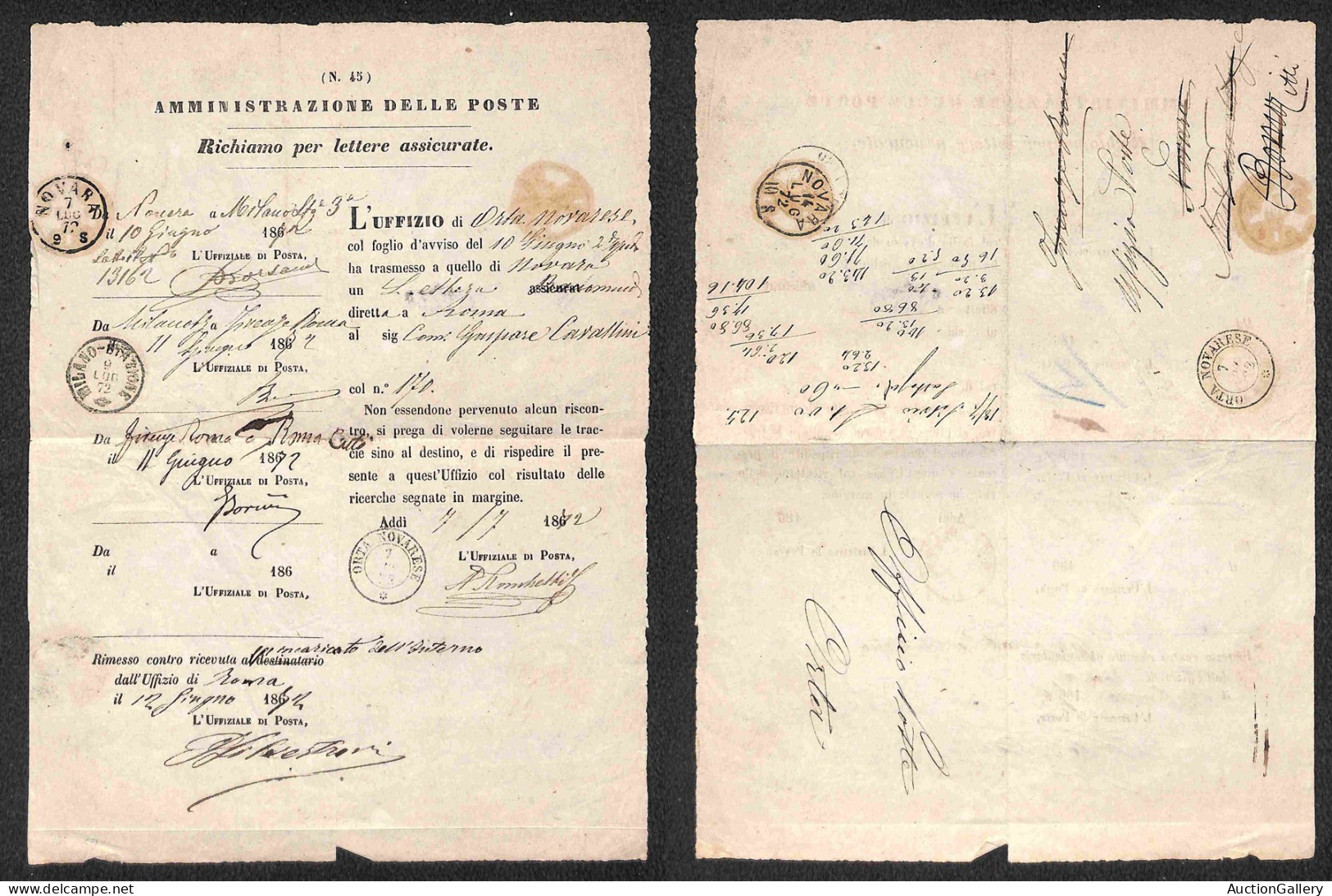 DOCUMENTI/VARIE - Richiamo Per Lettere Assicurate - 1872 - Orta Novarese 7 Luglio + Novara 7 Luglio + Milano Stazione 9  - Andere & Zonder Classificatie