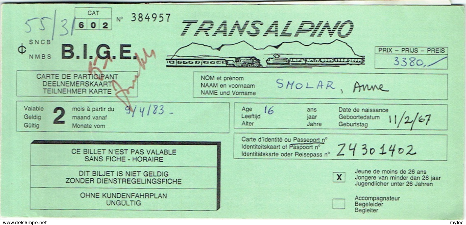 Ticket/Billet Train. Transalpino. TGB/Milano/TGB. 1983 - Europe