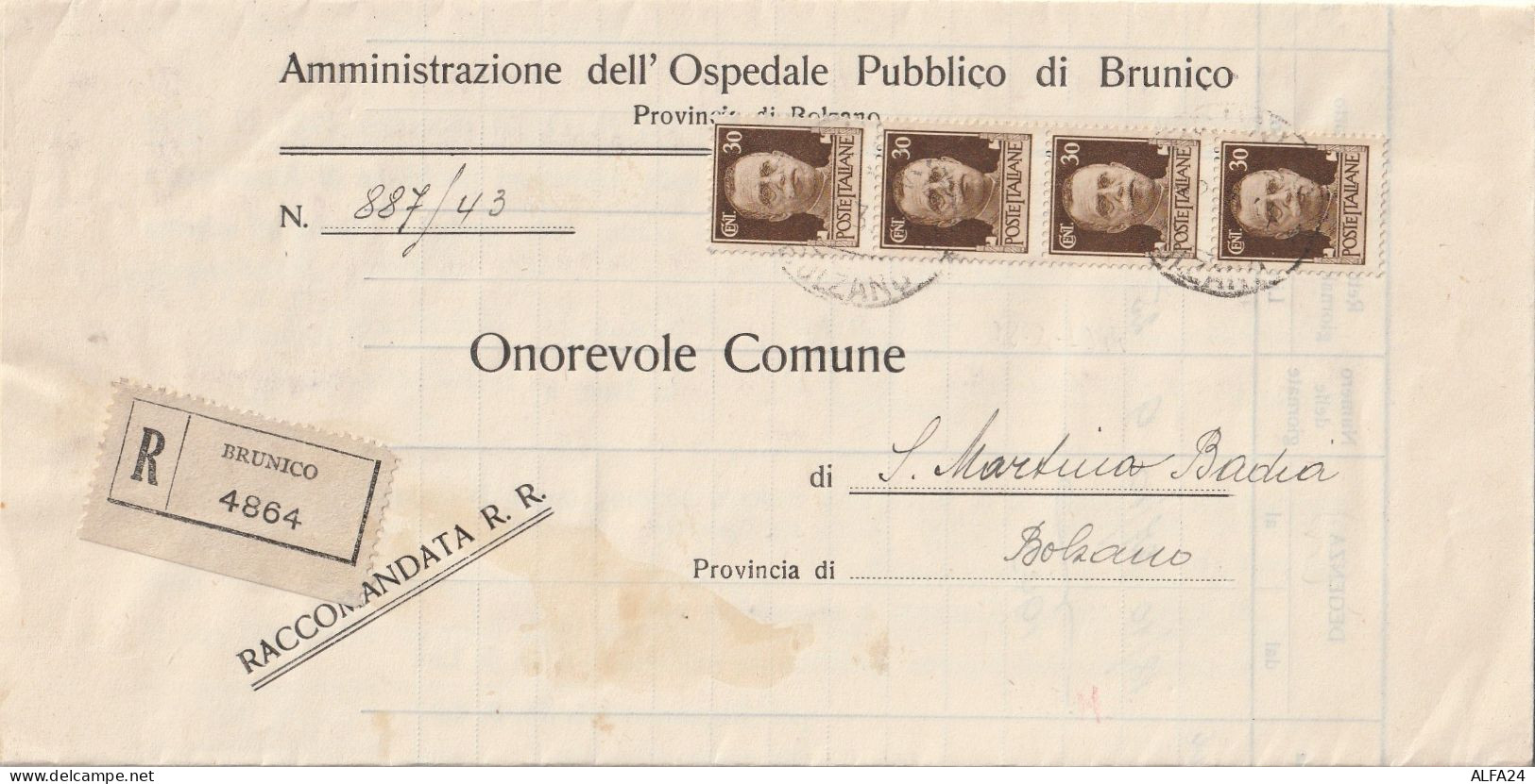 RACCOMANDATA 1944 RSI 4X30 TIMBRO BRUNICO BOLZANO (YK955 - Poststempel