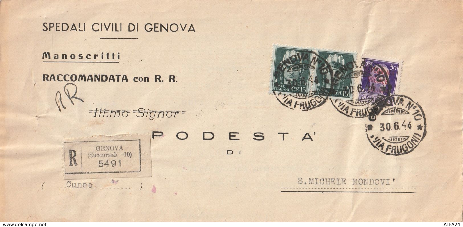 LETTERA 1944 RSI 2X15+50 SS TIMBRO GENOVA CUNEO (YK936 - Marcophilia