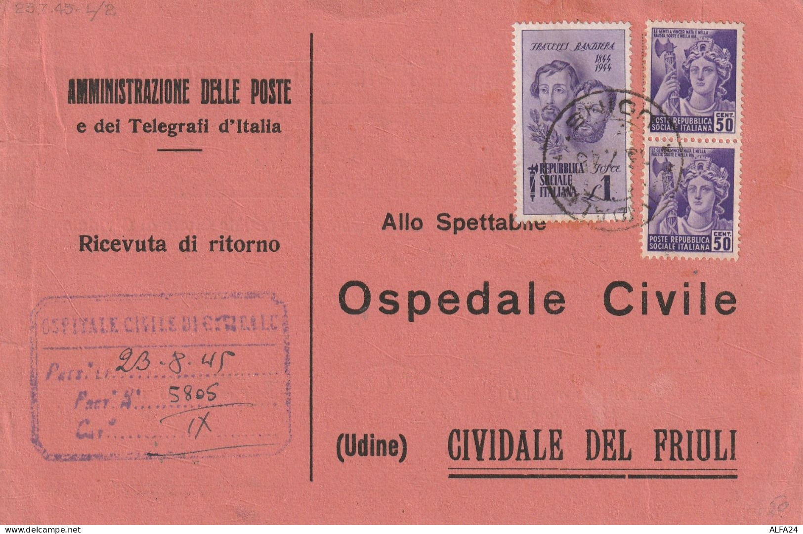 RICEVUTA DI RITORNO 1945 LUOGOTENENZA 1 F.BANDIERA+2X50 MON DIST TIMBRO MILANO (YK796 - Marcophilia