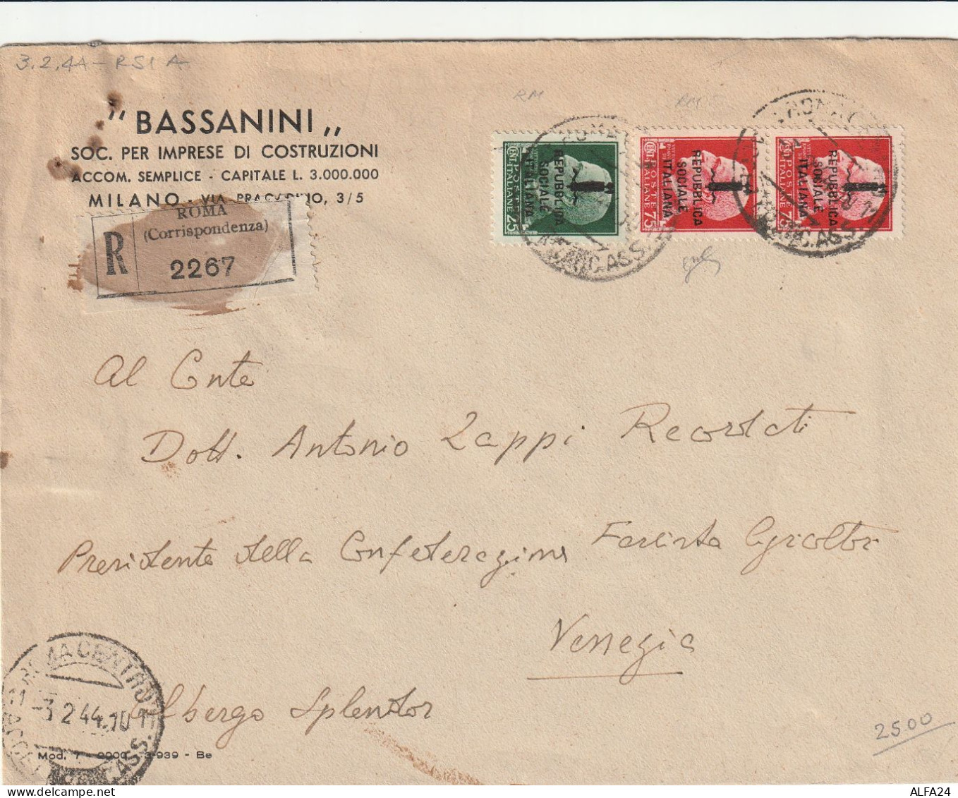 RACCOMANDATA 1944 RSI 2X75 SS+25 SS TIMBRO ROMA VENEZIA (YK785 - Poststempel