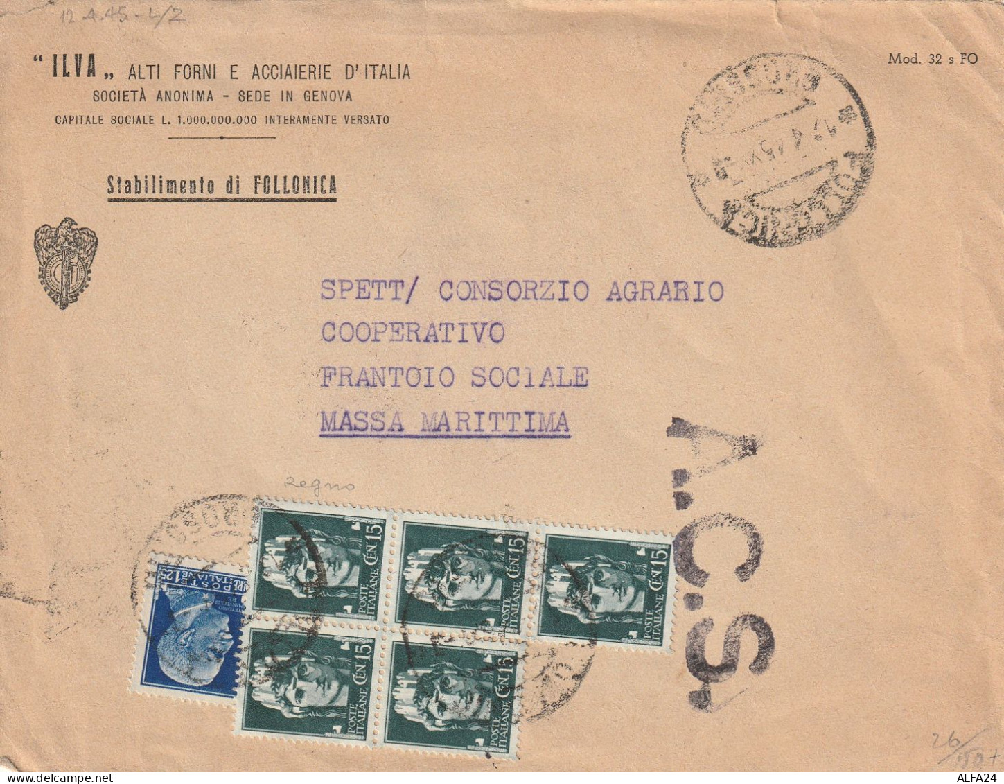 LETTERA 1945 LUOGOTENENZA 1,25+5X15 TIMBRO ACS FOLLONICA MASSA MARITTIMA GROSSETO (YK715 - Storia Postale