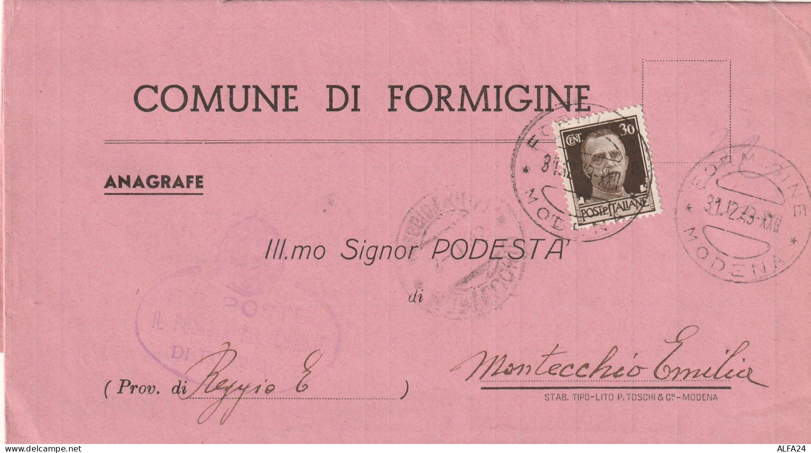 LETTERA 1943 C.30 RSI TIMBRO FORMIGINE MODENA MONTECCHIO REGGIO EMILIA (YK714 - Poststempel