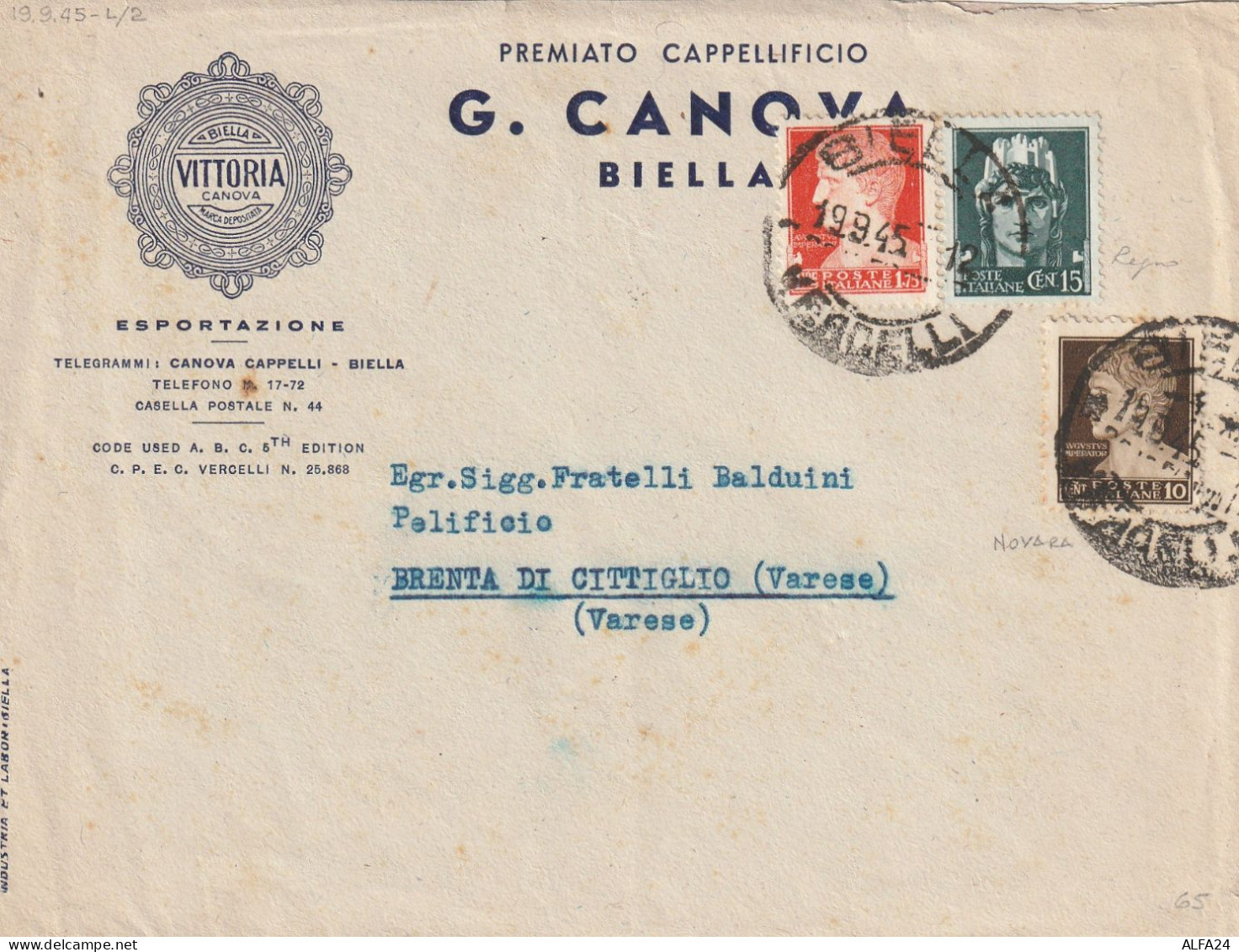 LETTERA 1945 LUOGOTENENZA C.15+10+1,75 TIMBRO BIELLA VERCELLI CITTIGLIO VARESE (YK675 - Marcofilie