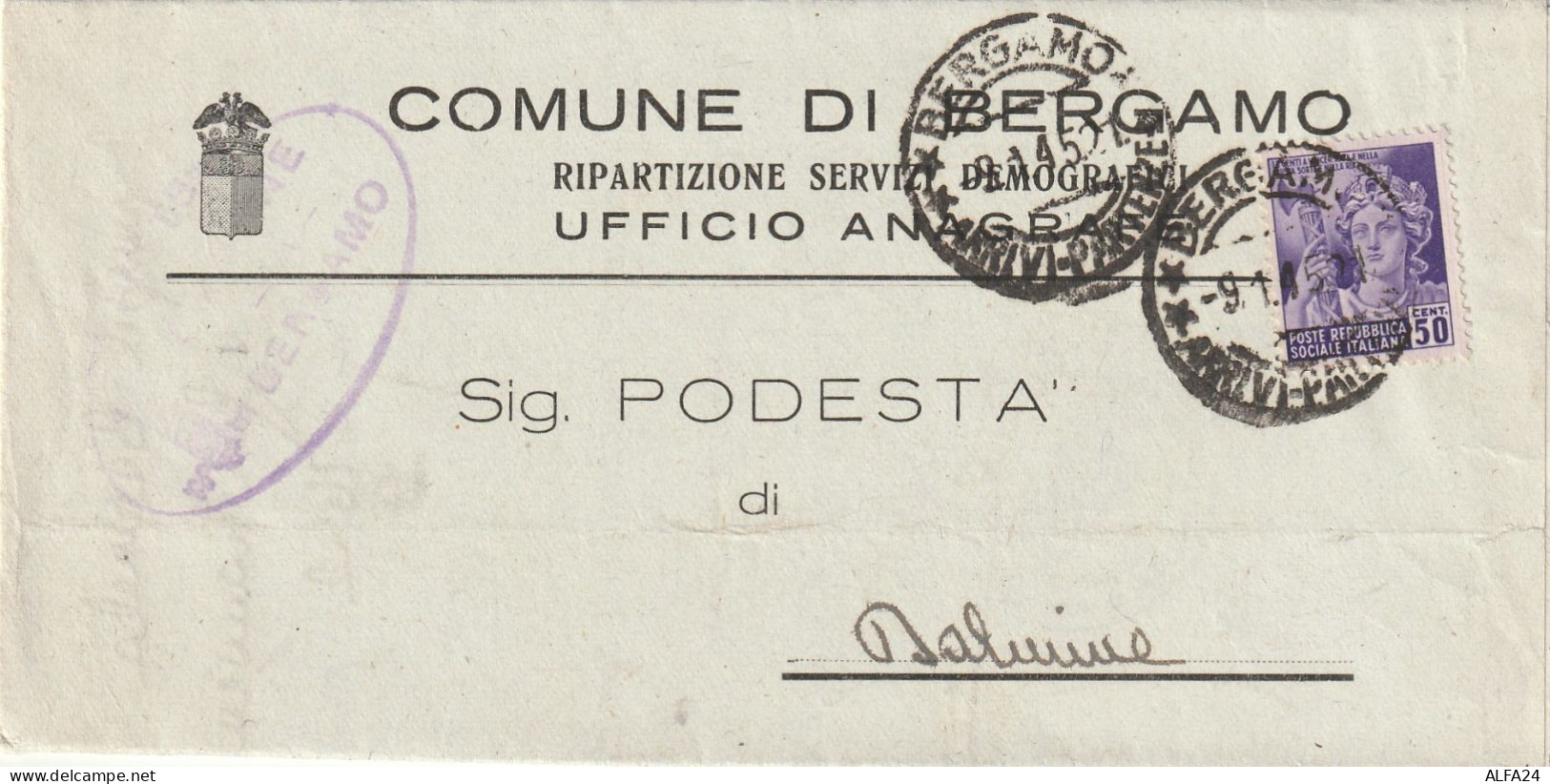 LETTERA 1945 RSI C.50 MON DIST TIMBRO BERGAMO DALMINE (YK510 - Storia Postale