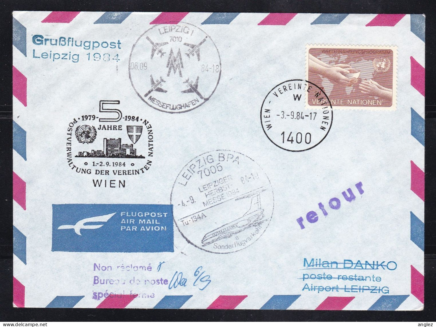 United Nations Vienna Office - Grussflugpost Leipzig 1984 Airmail Cover - Lettres & Documents