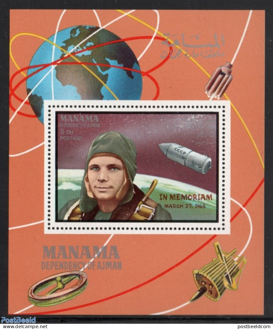 Manama 1969 Gagarin Overprint S/s, Mint NH, Transport - Space Exploration - Manama