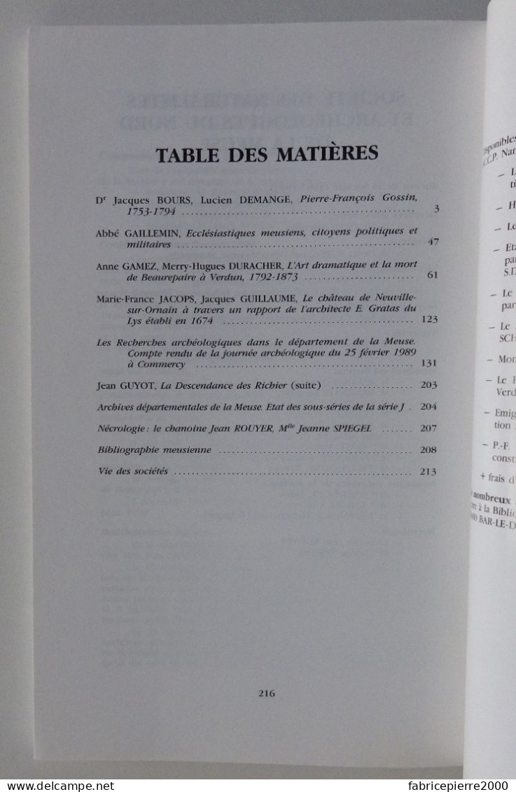 BULLETIN DES SOCIETES D'HISTOIRE ET D'ARCHEOLOGIE DE LA MEUSE N°25 1989 EXCELLENT ETAT Bar-le-Duc Verdun Commercy - Lorraine - Vosges