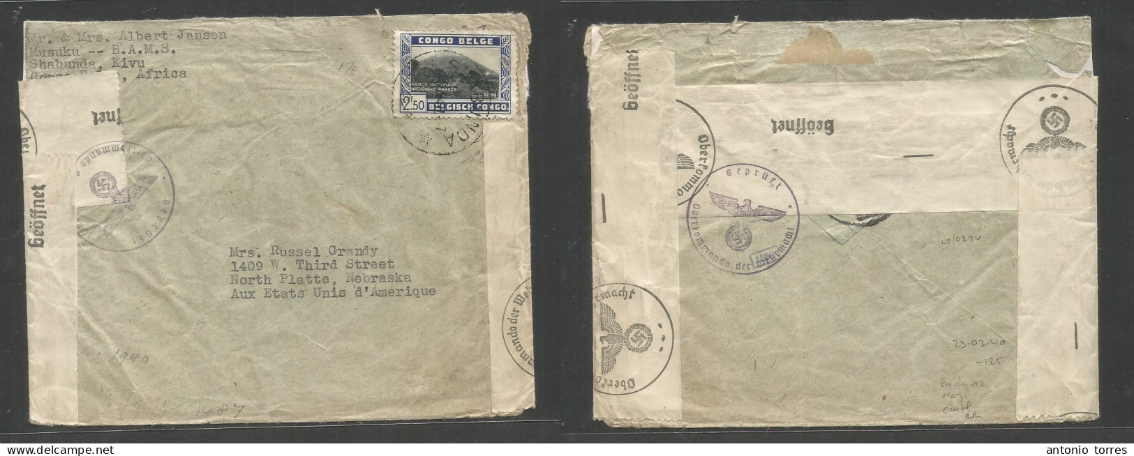 Belgian Congo. 1940 (23 March) Shabunda, Kivu - USA, Nebraska, North Platte. Single 2,50fr Fkd Env With Triple Nazi Cens - Autres & Non Classés