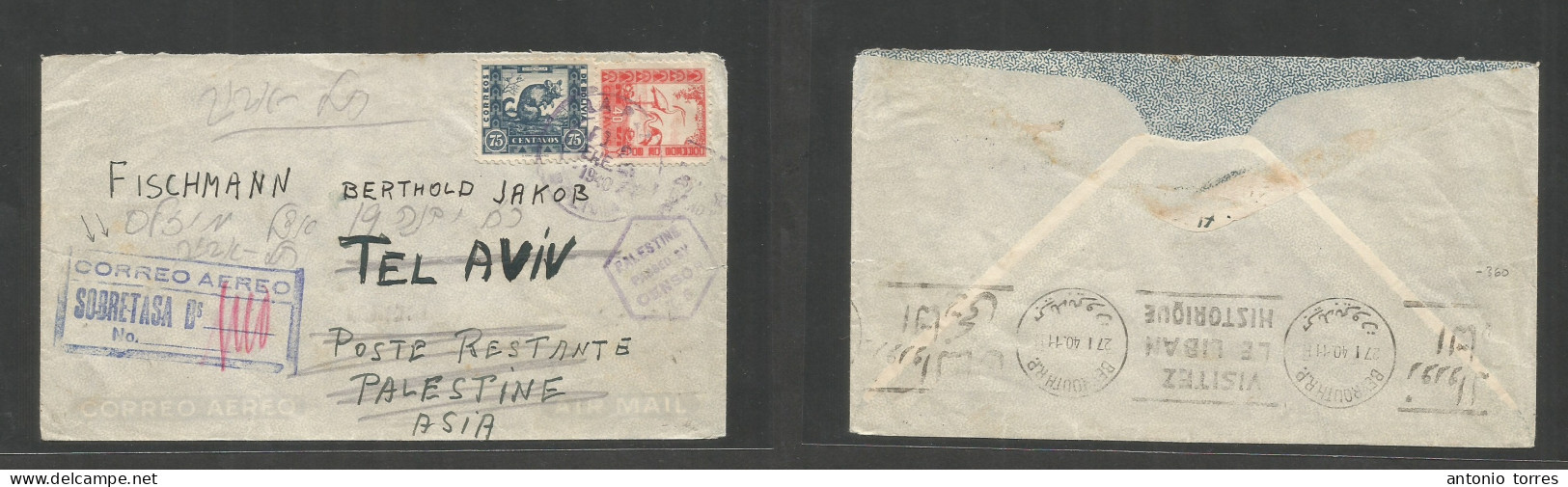 Bolivia. 1940 (12 Jan) La Paz - Palestine, Tel Aviv. Air Multifkd Envelope, Tied Cd + Taxed For Airmail Usage, Special V - Bolivië