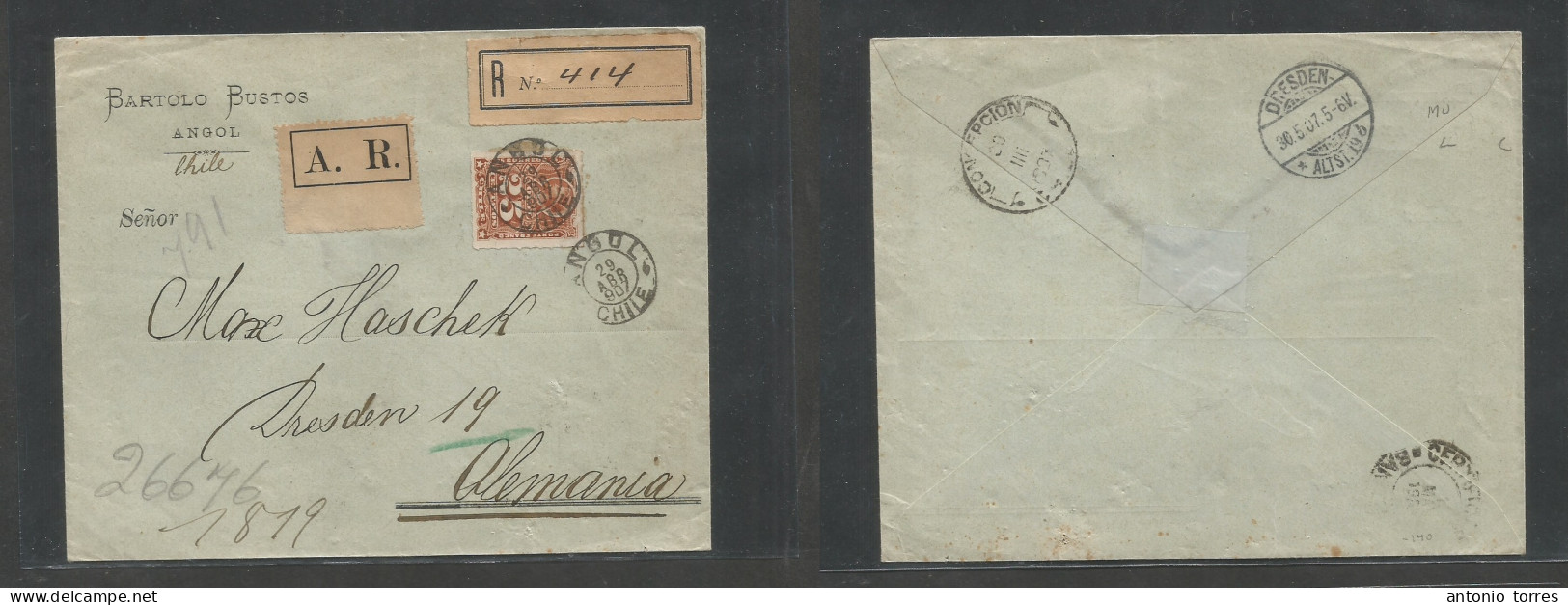 Chile - Xx. 1907 (29 Apr) Angol - Germany, Dresden (30 May) Comercial Registered AR Single 25c Brown Fkd Envelope, Tied - Cile