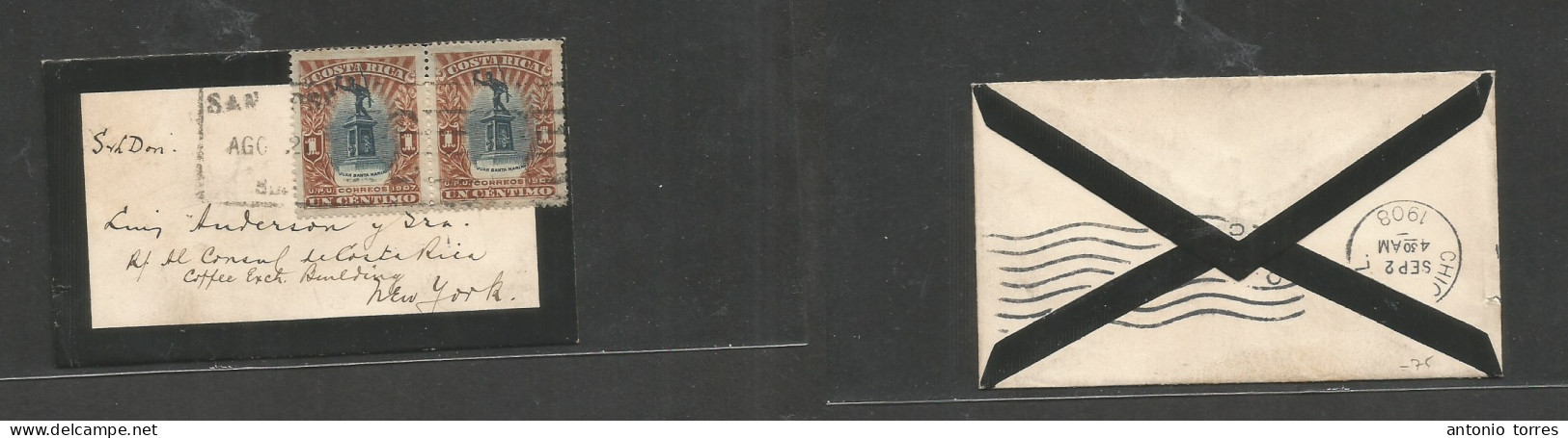 Costa Rica. 1908 (Aug) San Jose - USA, NYC. Via Chicago (!!) (Sept 2) Small Unsealed Fkd Env At 2c Rate, Tied Slogan Cac - Costa Rica