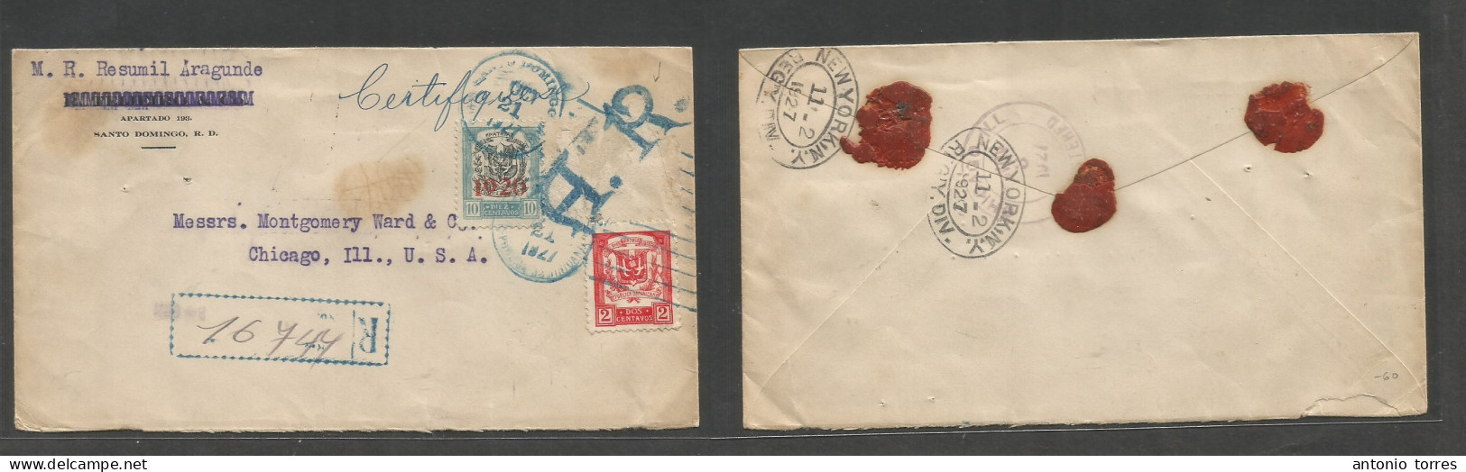 Dominican Rep. 1927 (21 Oct) 1920 Ovptd Issue. Santo Domingo - USA, Chicago, Ill (3 Nov) Registered AR Comercial Multifk - Dominican Republic