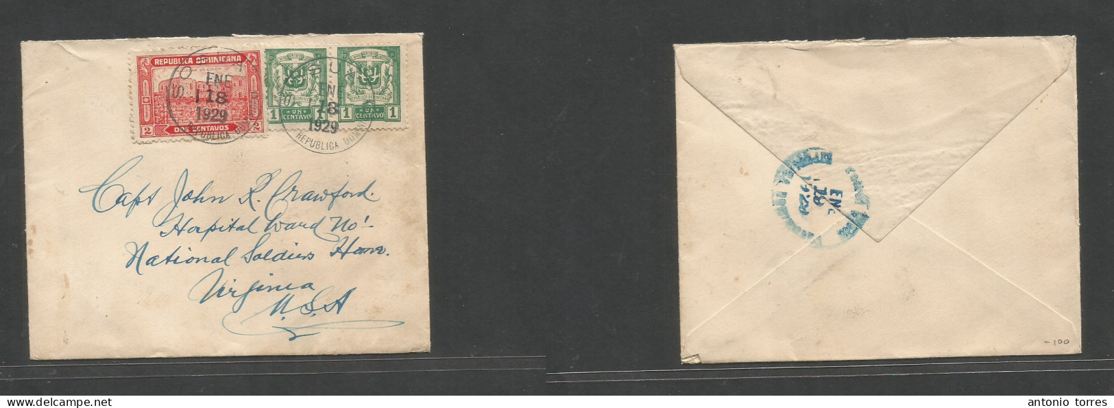 Dominican Rep. 1929 (18 Ene) Sosna - USA, Va, National Soldiers Home Hospital. Multifkd Env, At 4c Rate, Blue Cds. Fine - Dominicaine (République)